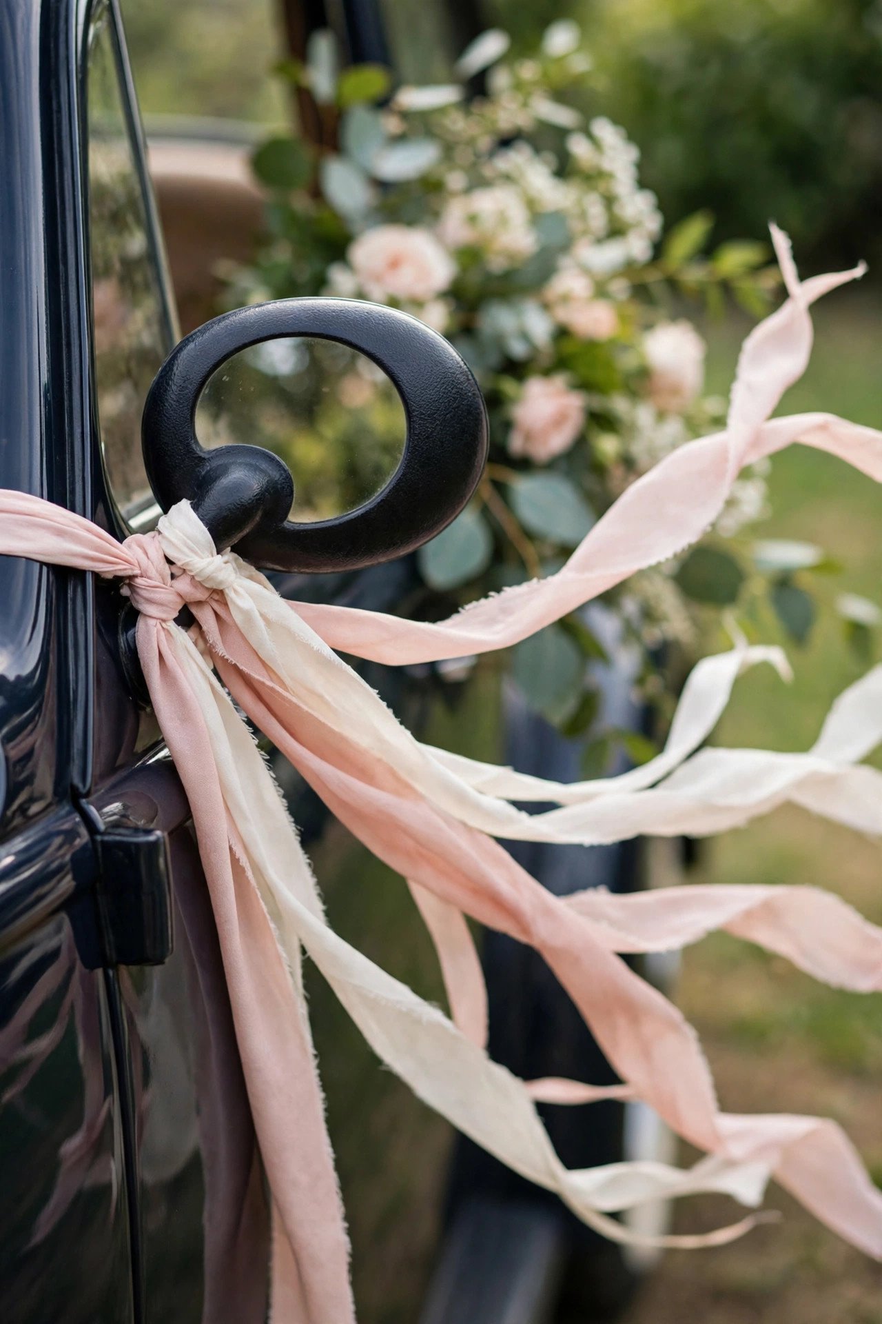 Wedding car decoration: Ribbon Streamers on the Mirrors