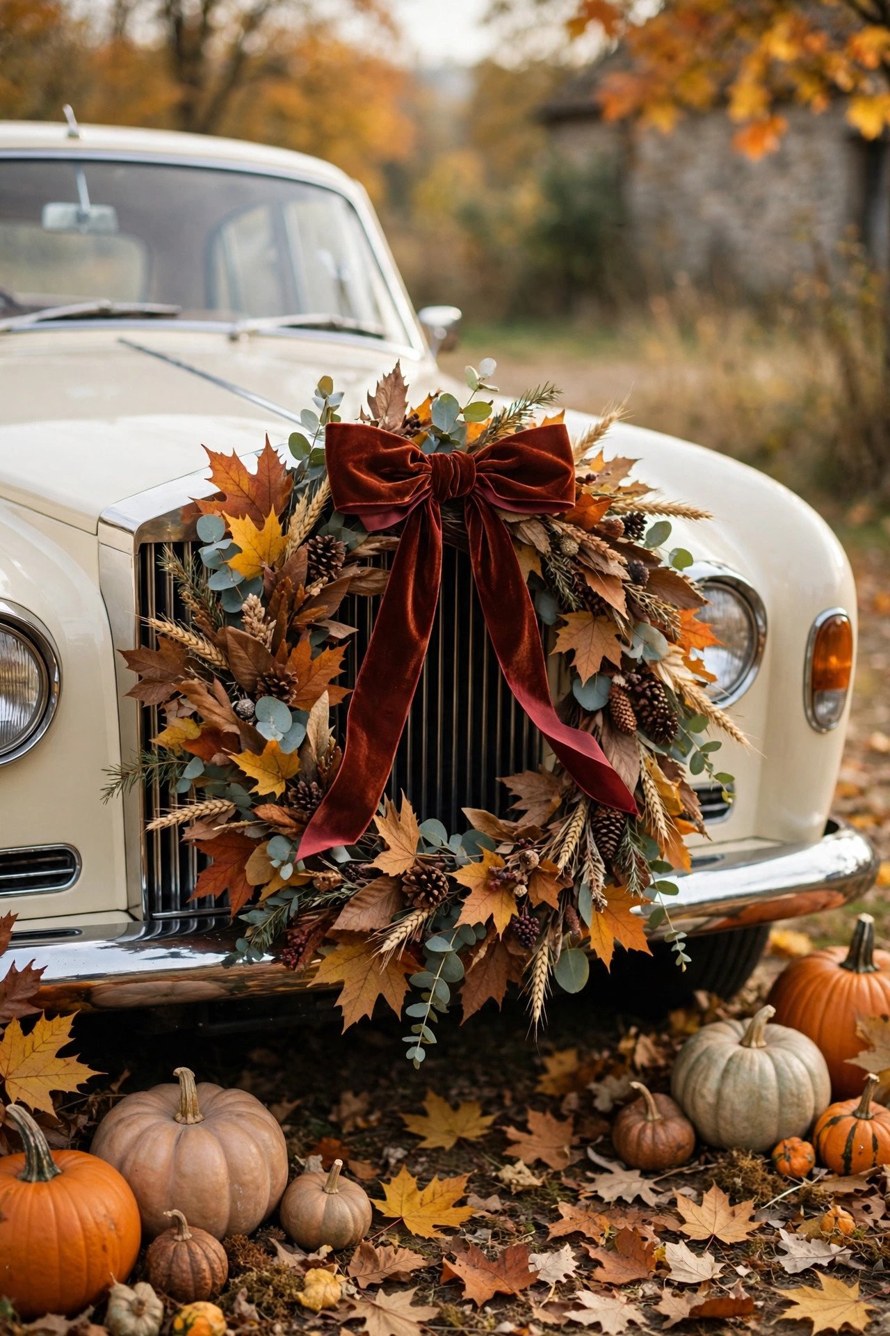 Wedding car decoration: Seasonal Wreath and Bow