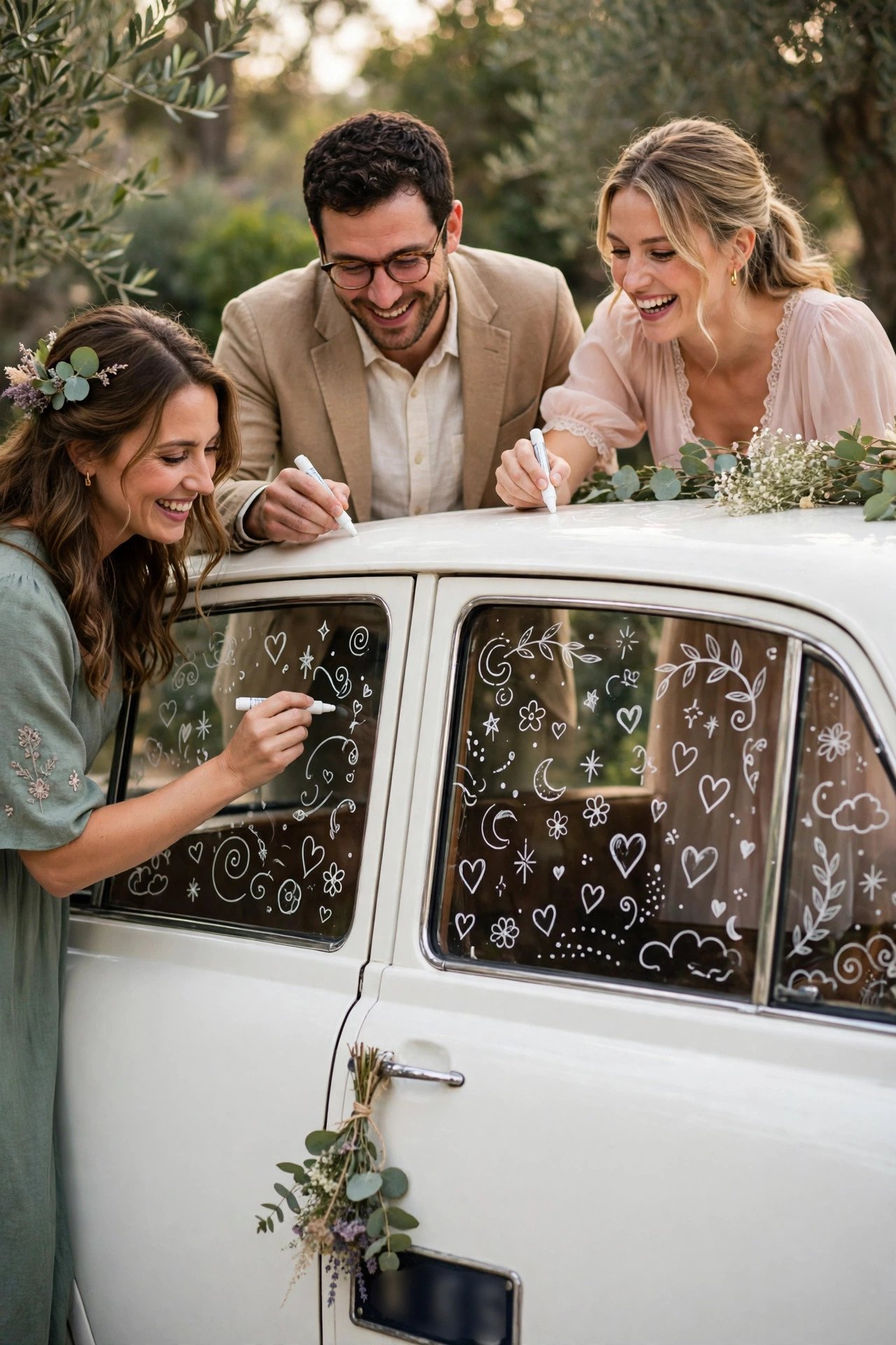 Wedding car decoration: Chalk Marker Love Notes from Guests