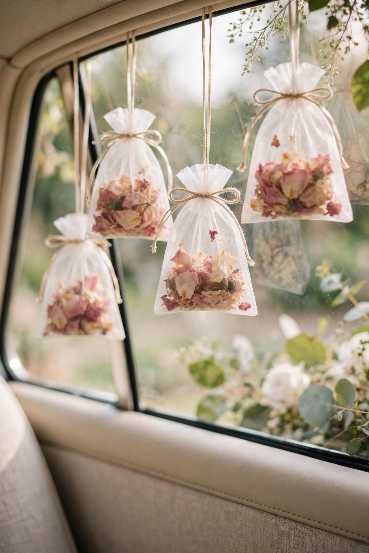 Wedding car decoration: Petal-Filled Window Sachets