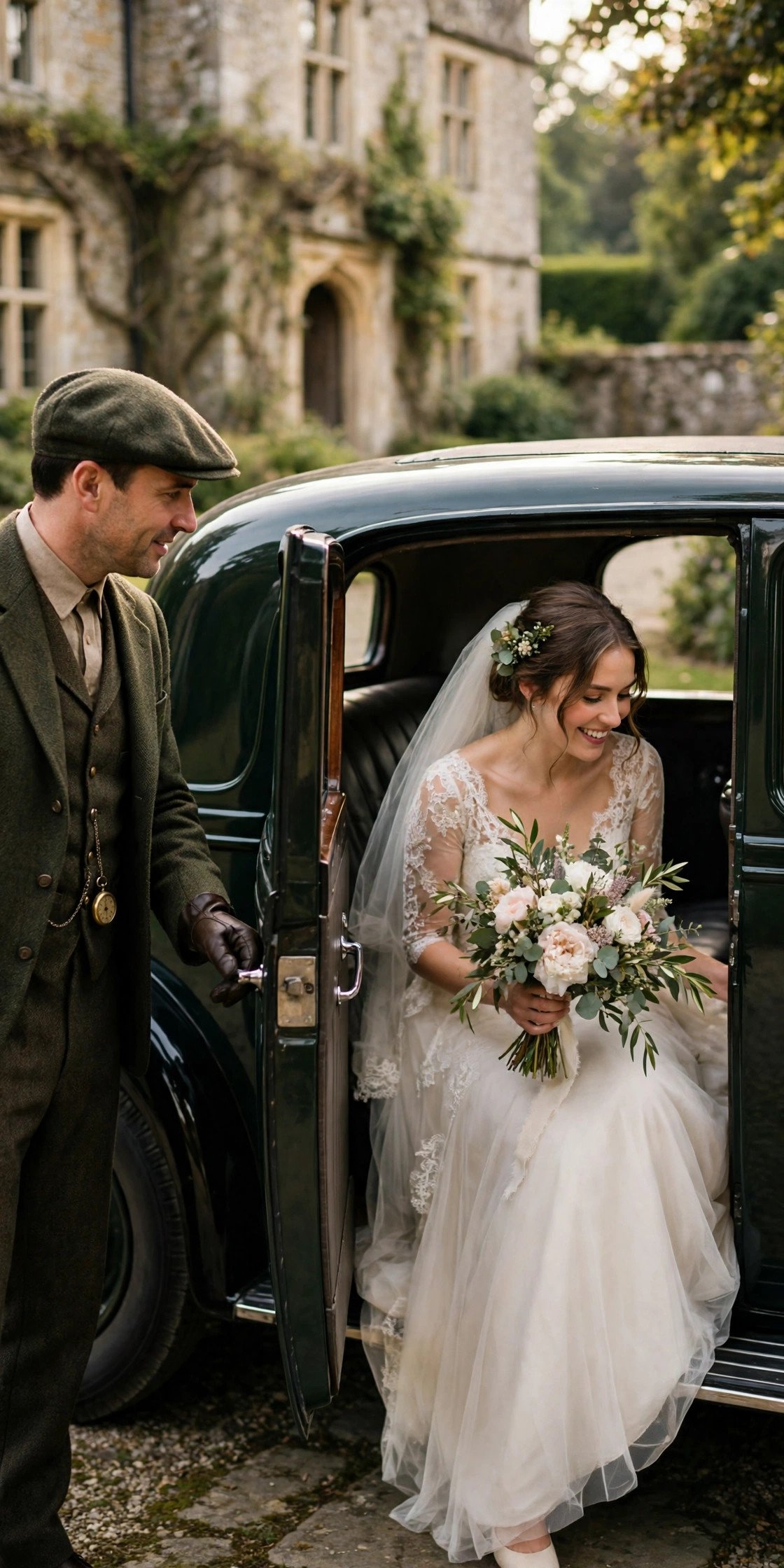 Vintage wedding car idea: Chauffeur in Period Dress