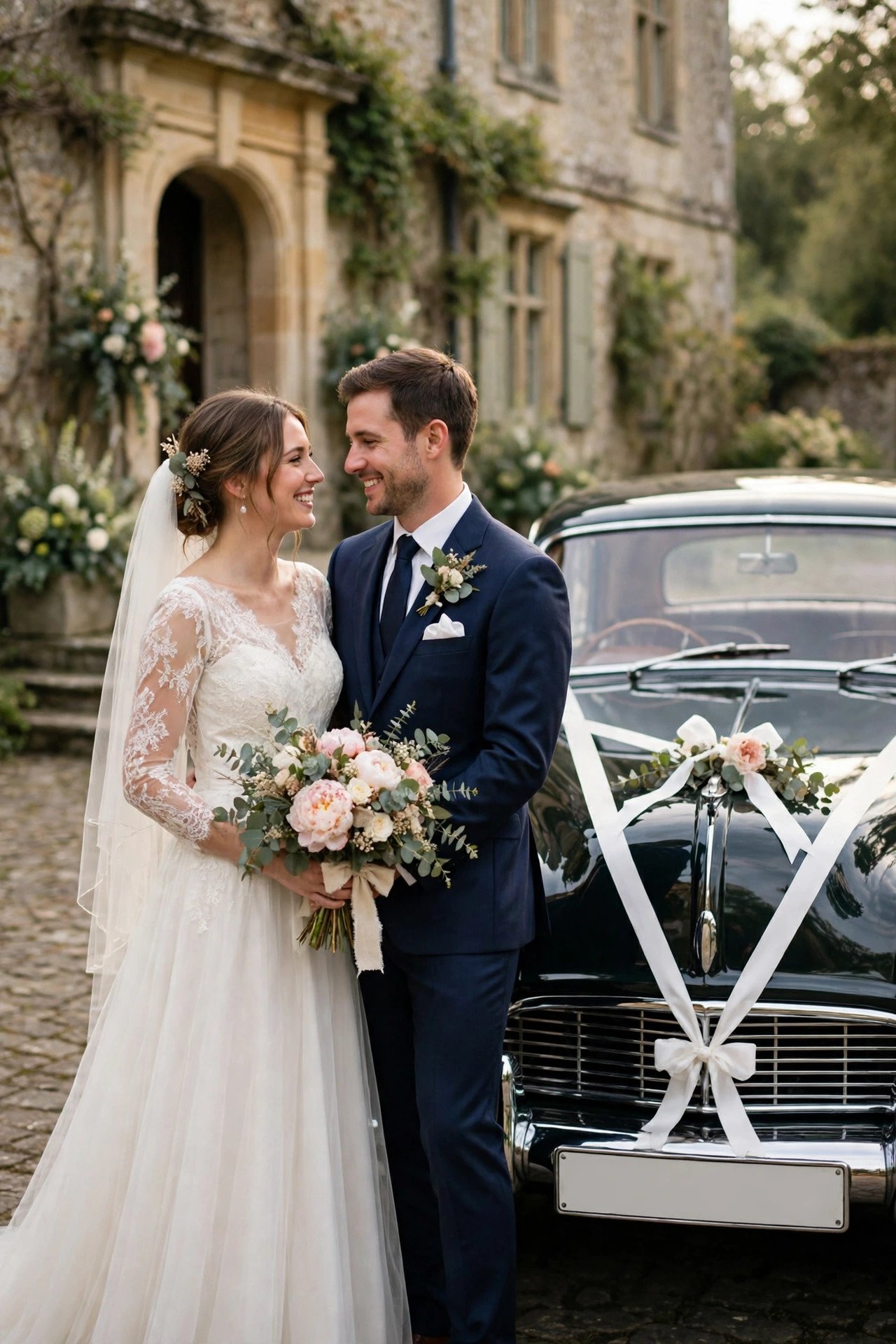 A polished vintage wedding car with white ribbons parked outside a historic wedding venue