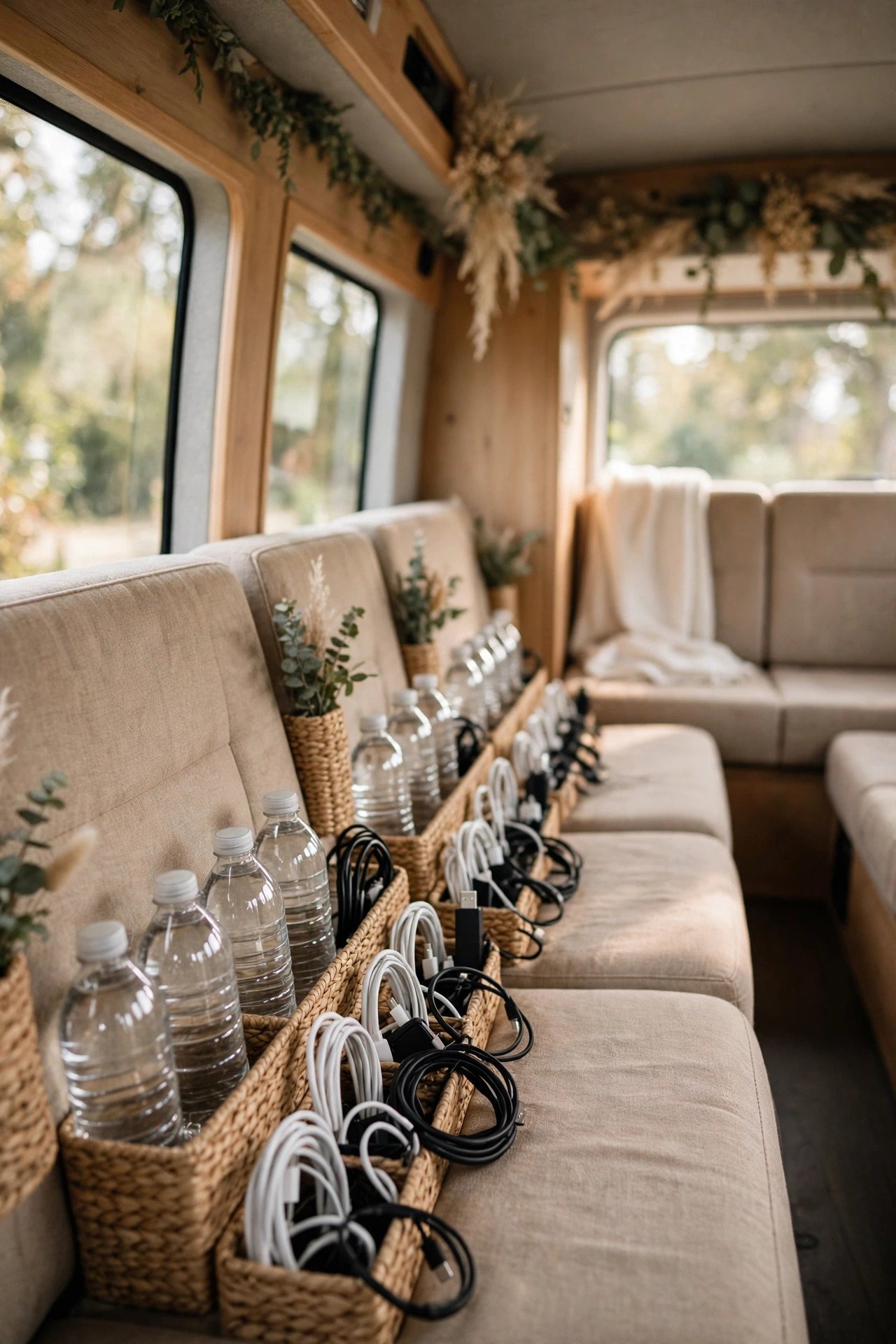 Wedding shuttle service step: Stock Water and Phone Chargers