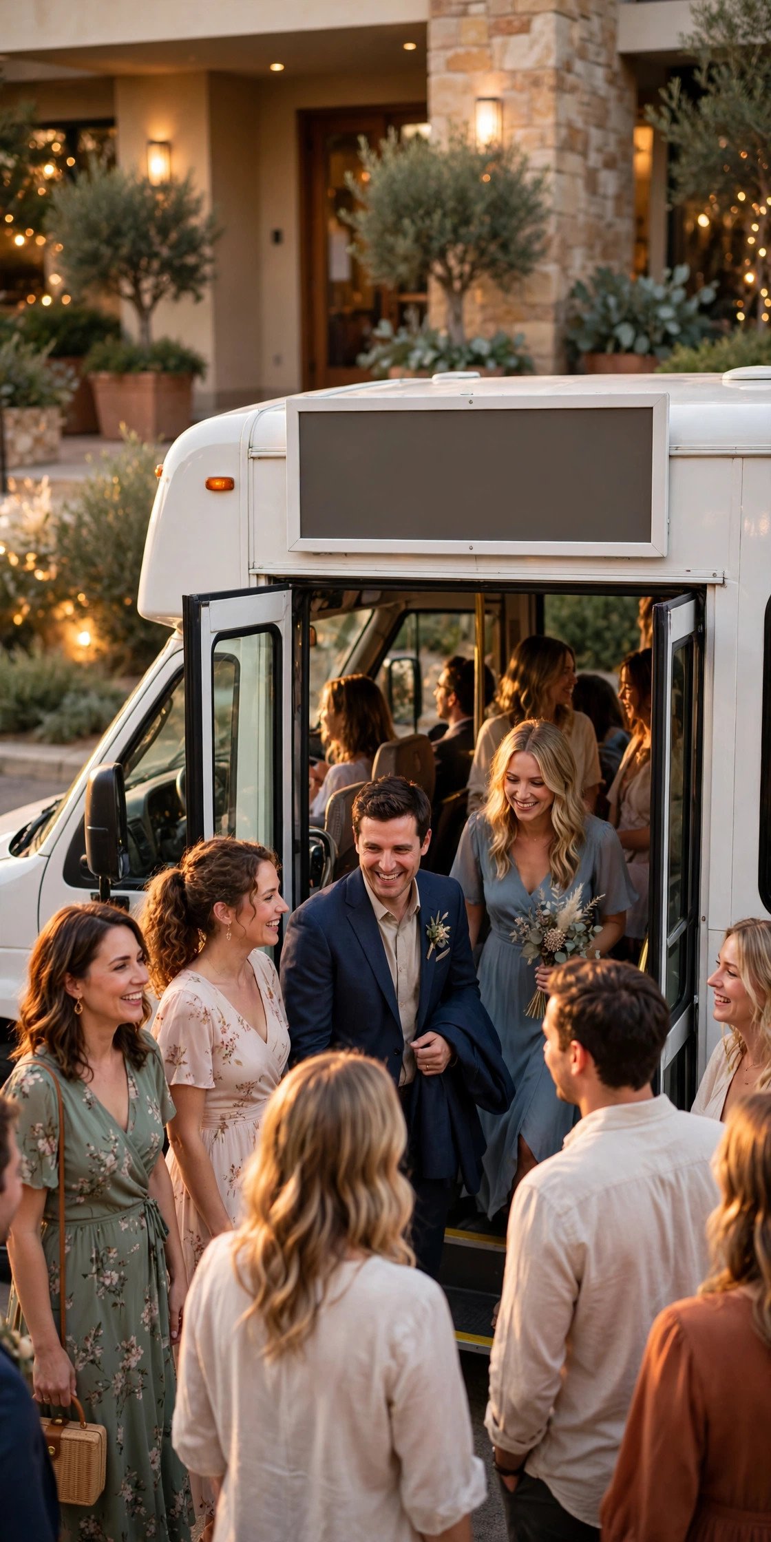 A wedding guest shuttle bus with a welcome sign loading guests outside a hotel at golden hour