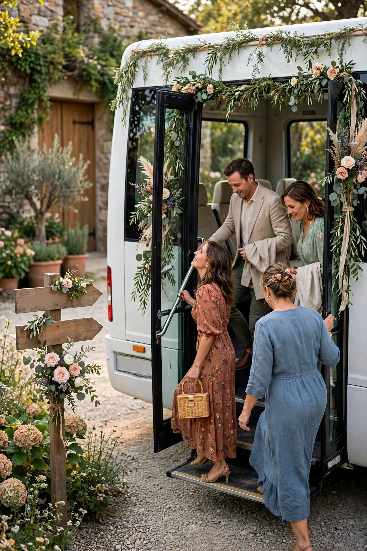 Wedding guests boarding a decorated shuttle outside a venue with clear directional signage