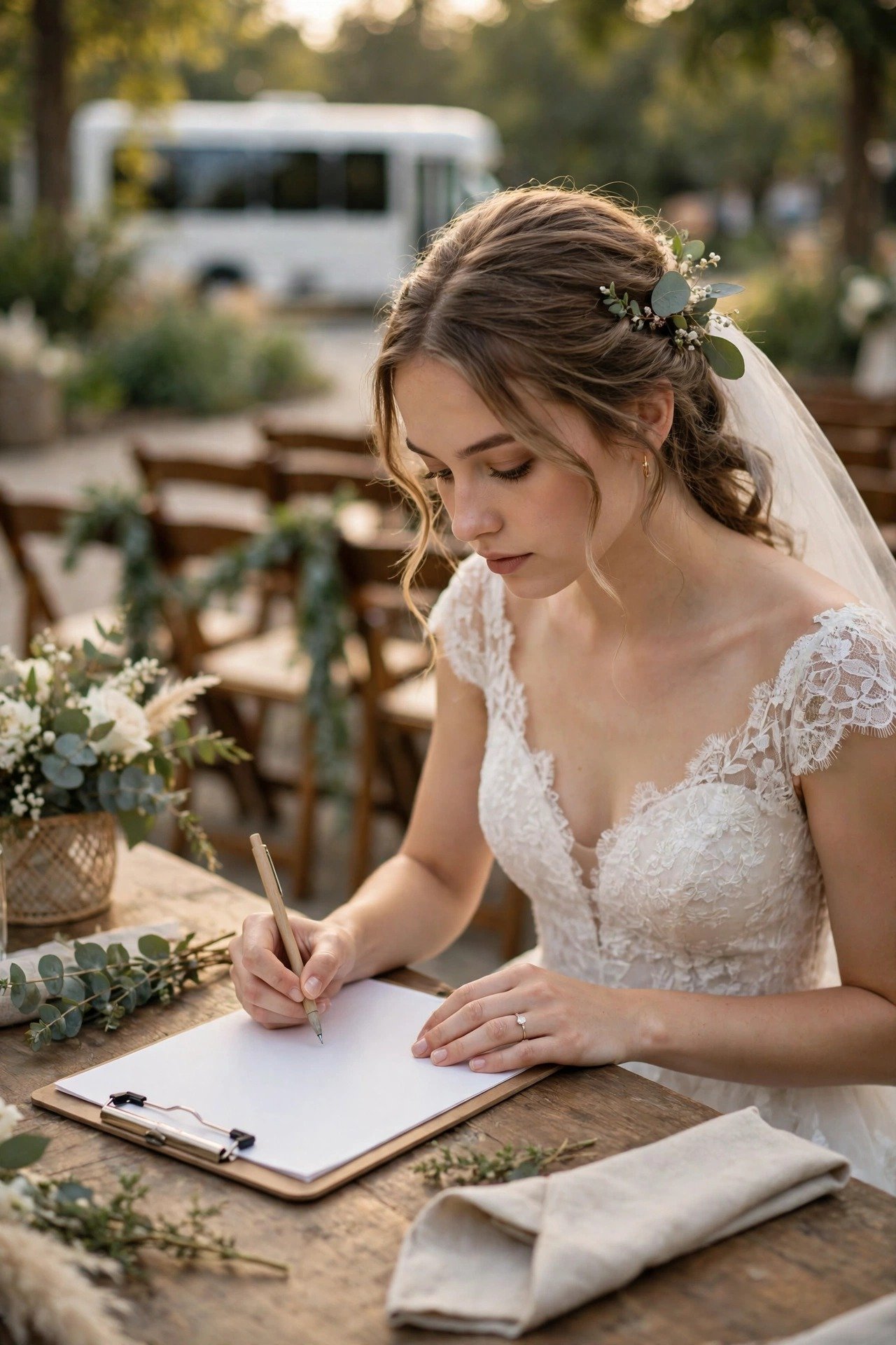 Bride counting wedding guests on a list before booking a shuttle bus