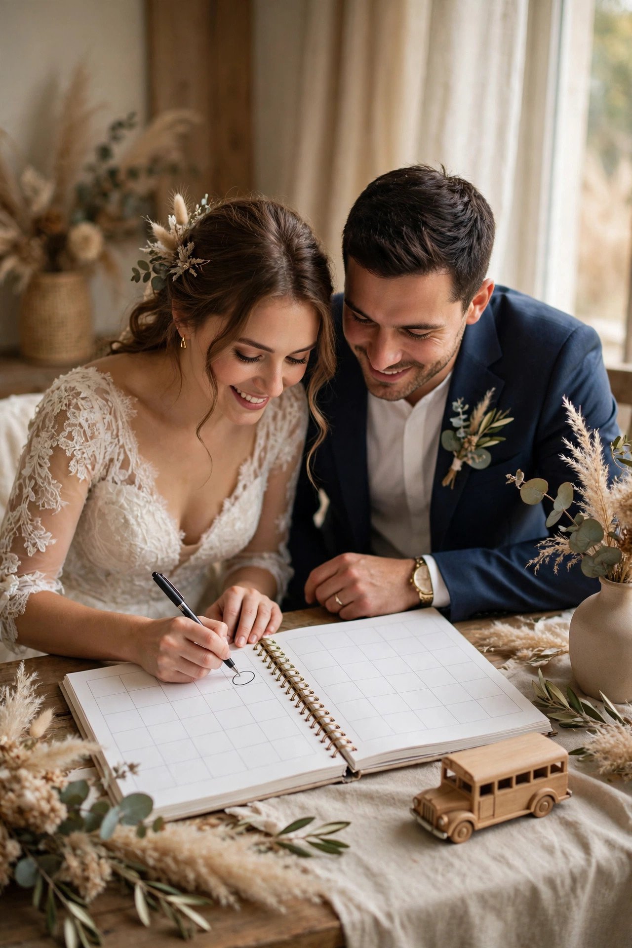 Couple marking a calendar date to reserve their wedding bus rental
