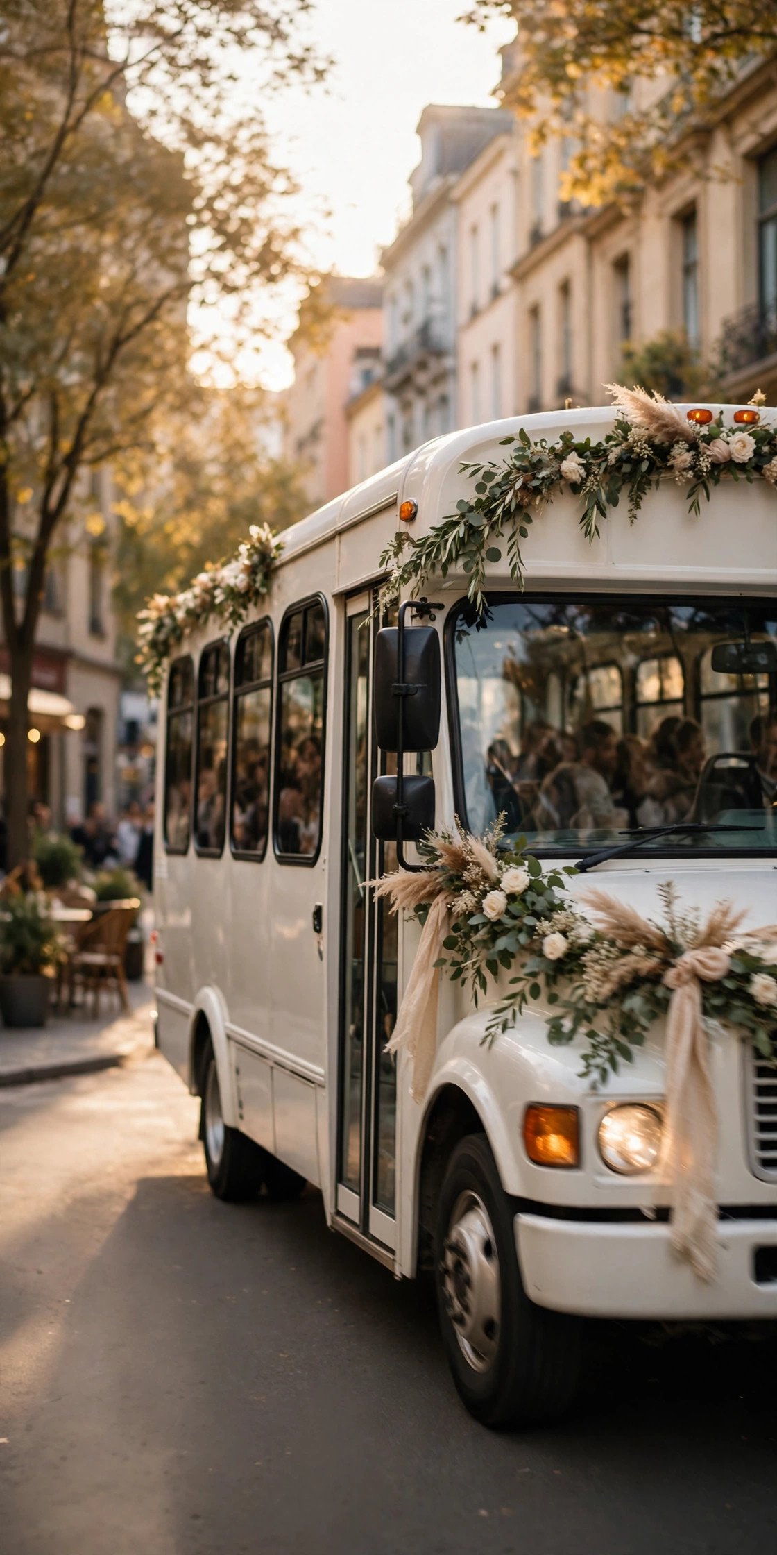 Wedding shuttle bus driving through a city in late afternoon light