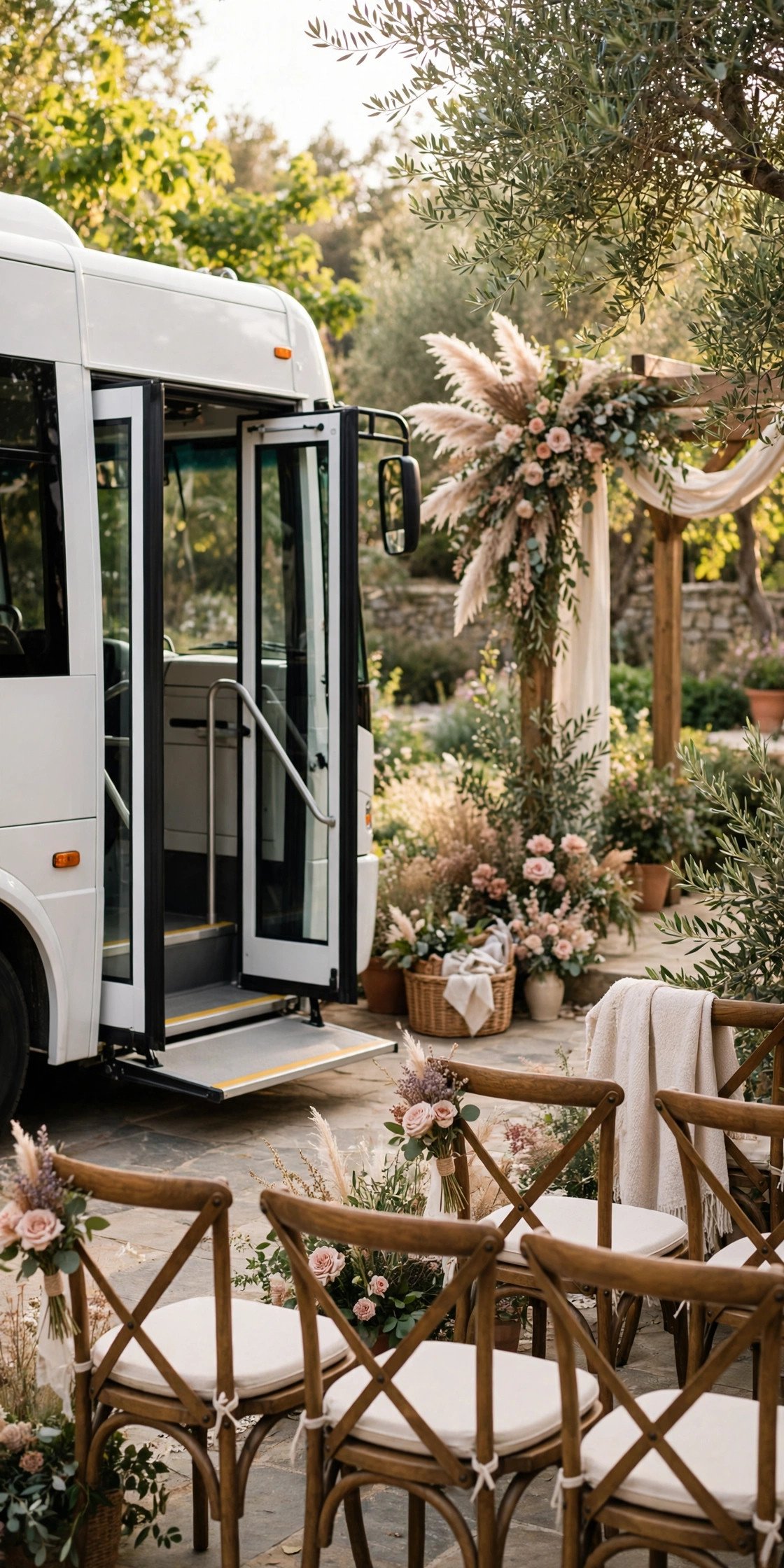 Accessible shuttle bus with a lowered step and wide door at a venue