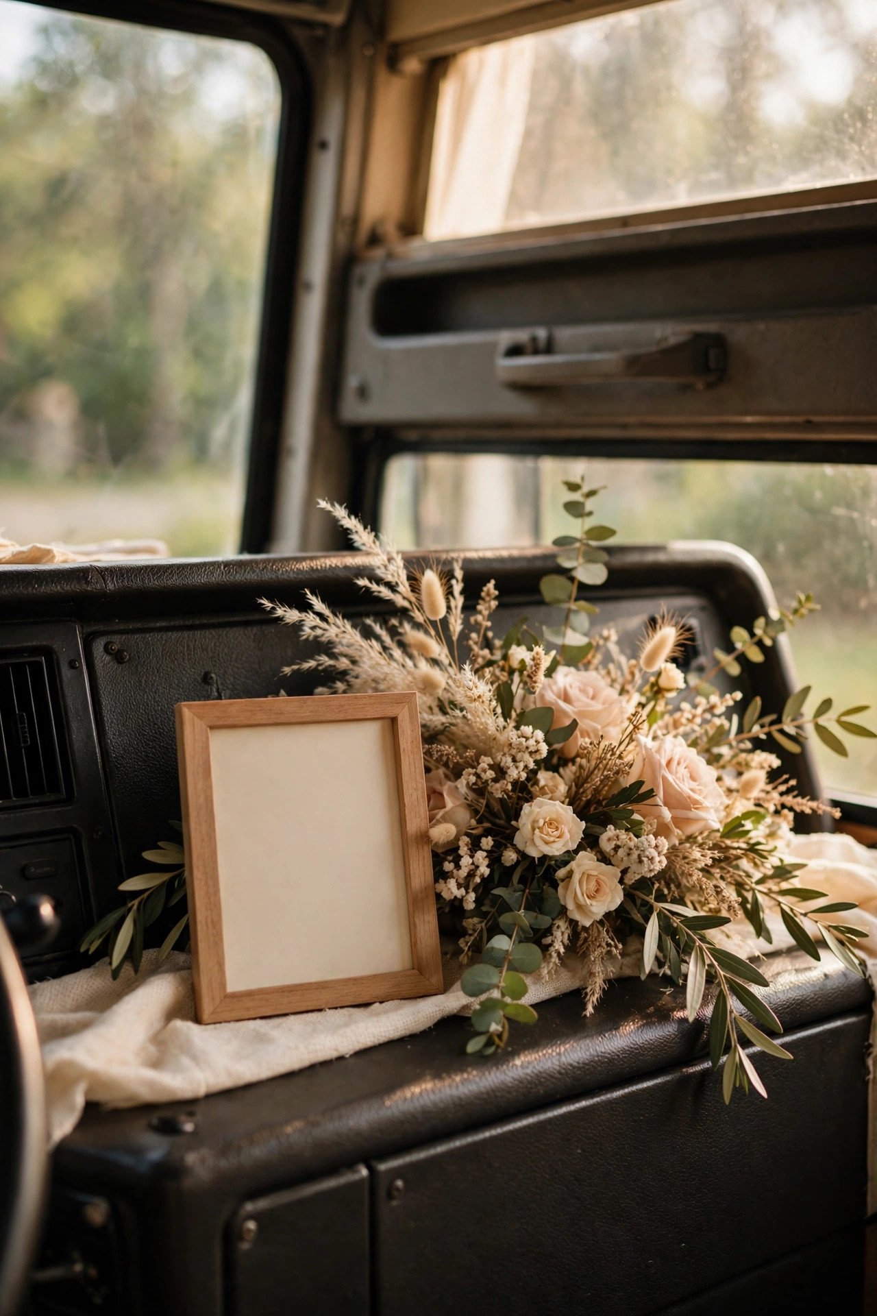 Small framed sign reading Wedding Shuttle on the dashboard of a bus