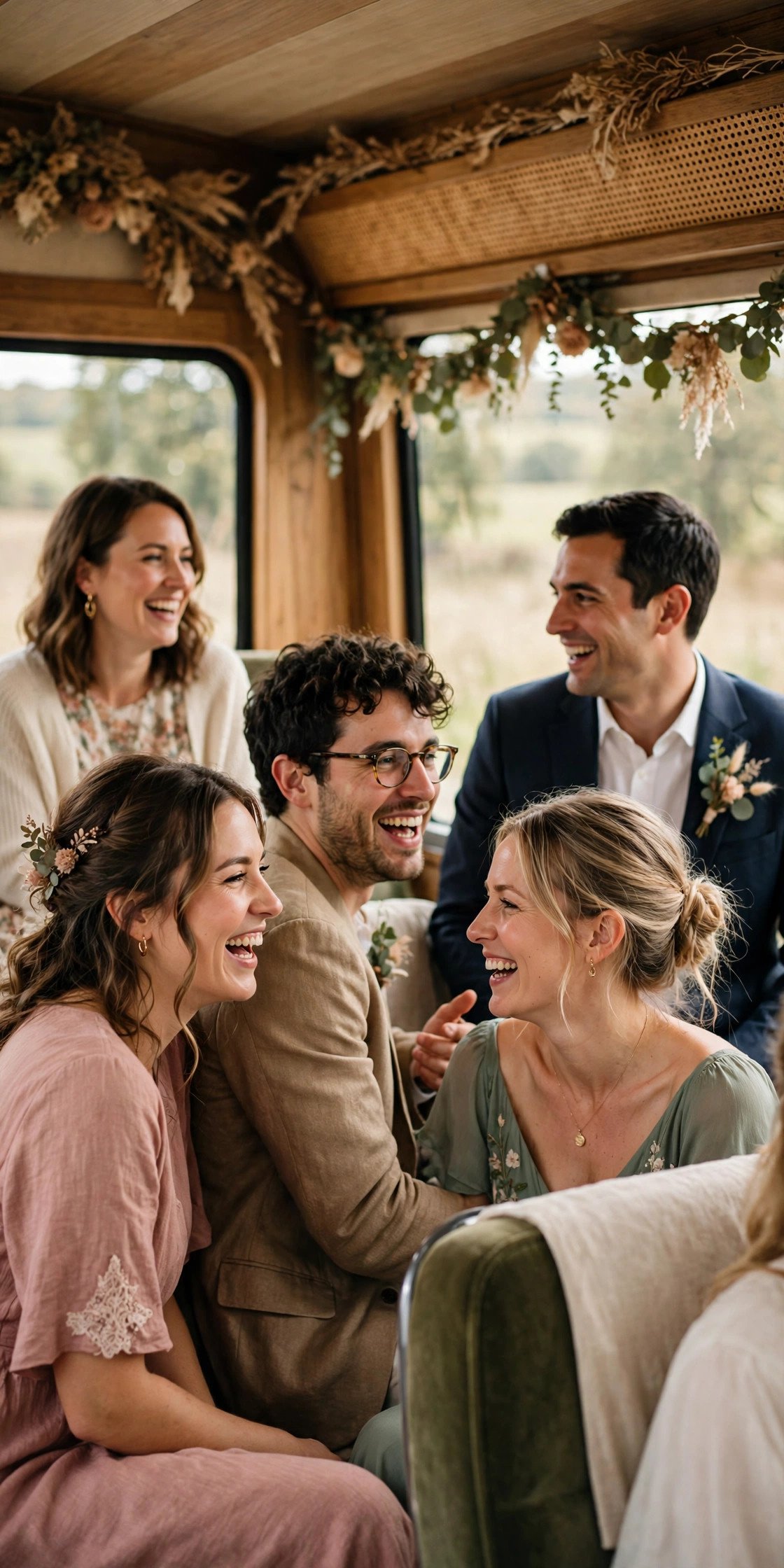 Guests laughing and chatting on a wedding bus ride between venues
