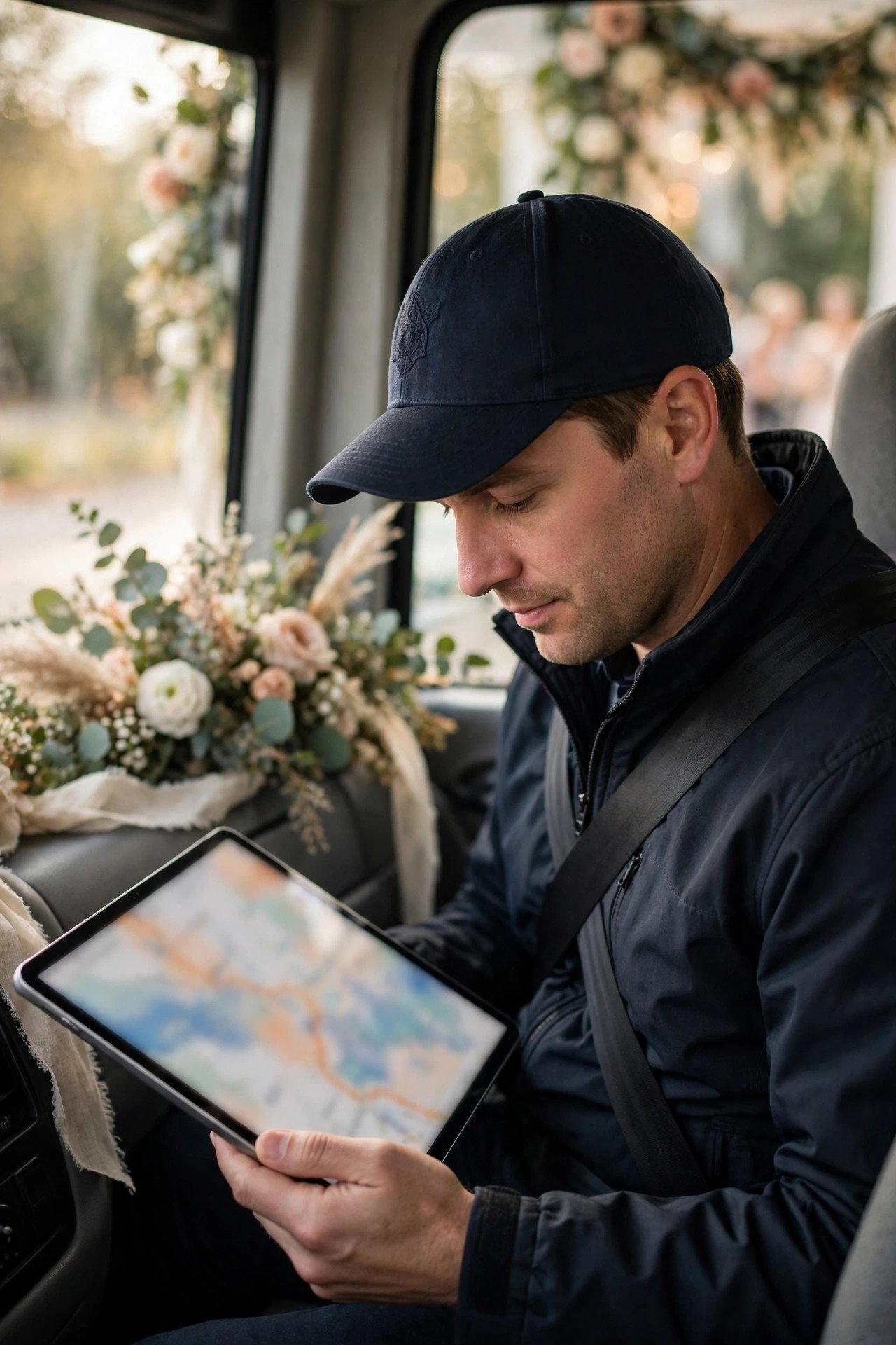 Bus driver reviewing a route on a tablet before a wedding shuttle run