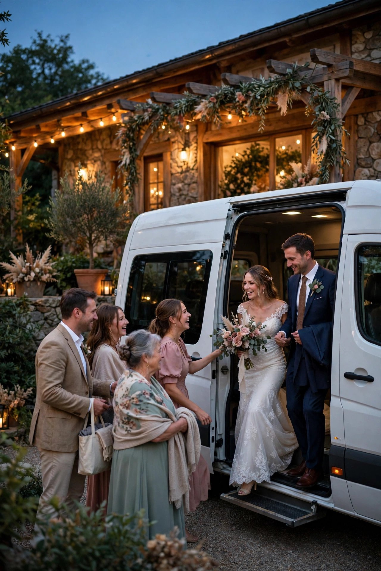 Last shuttle of the night loading happy guests outside a lit reception venue