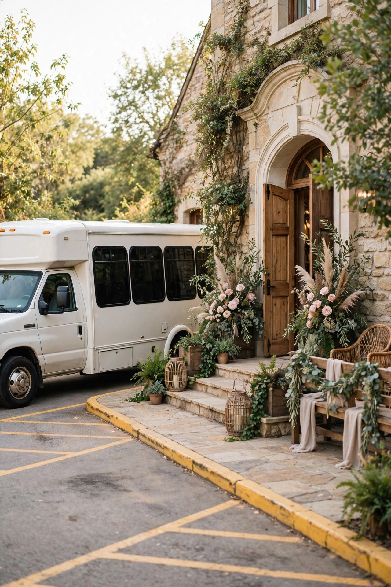 Shuttle bus parked in a marked loading area beside a wedding venue