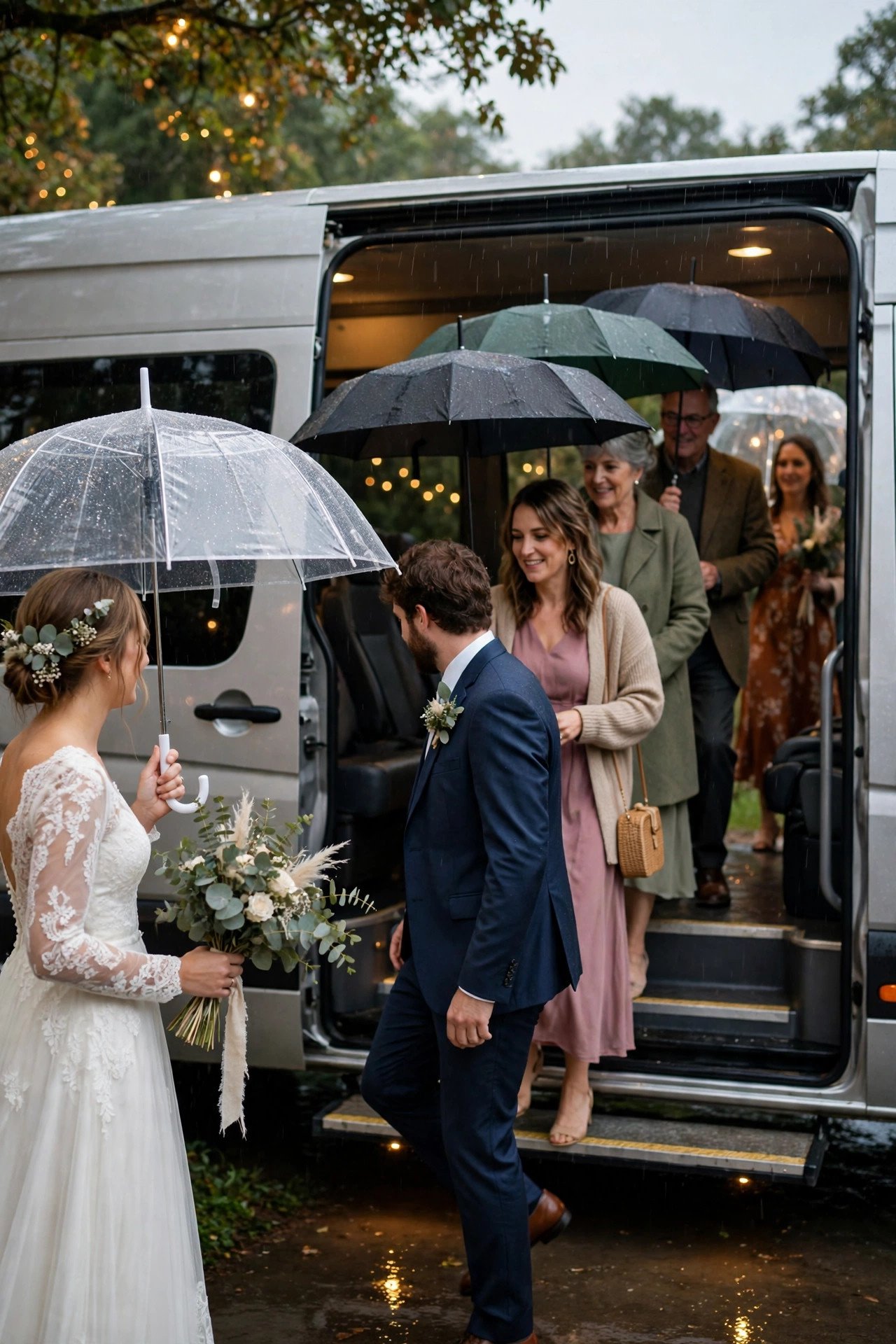 Guests boarding a shuttle under umbrellas on a rainy wedding evening