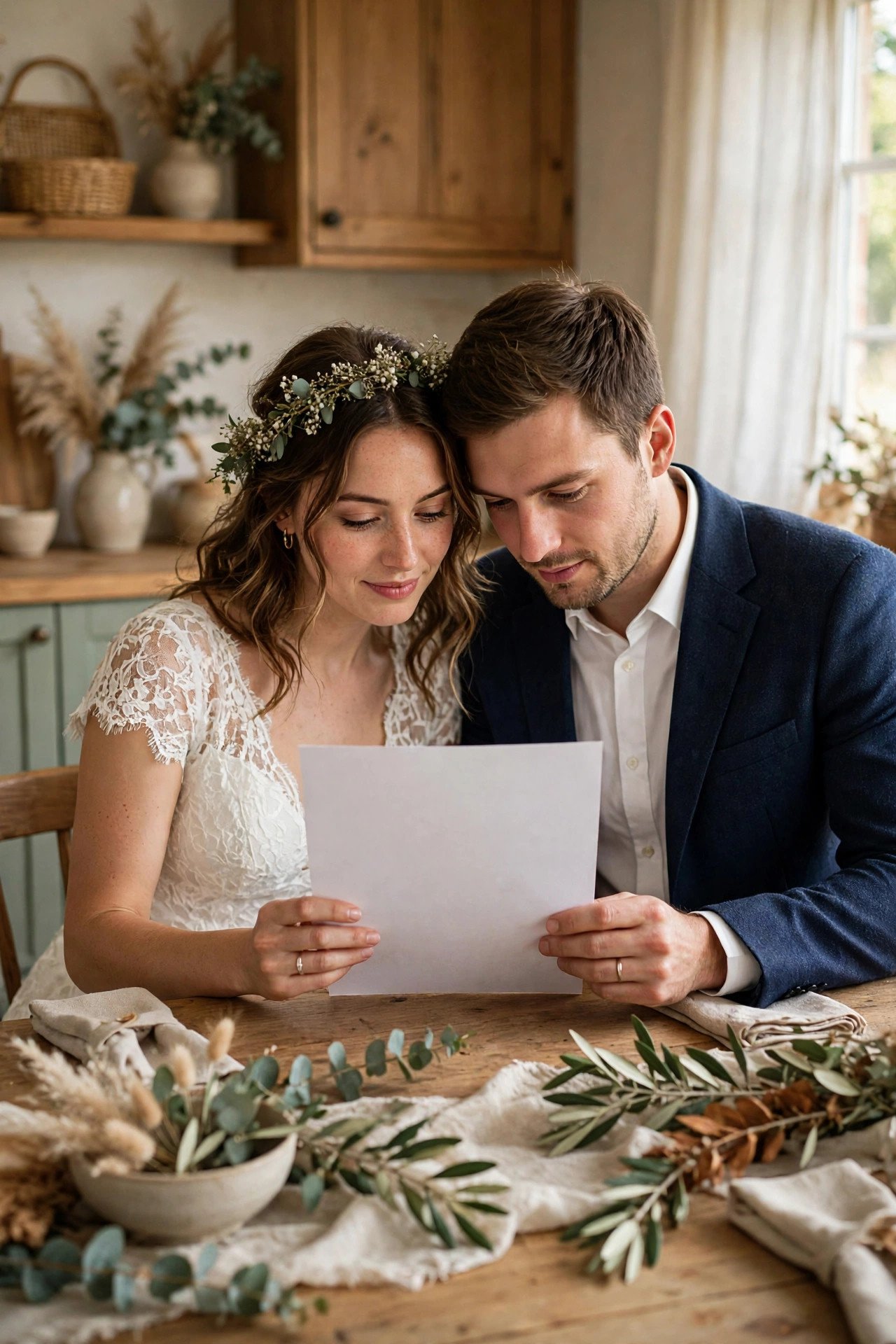 Couple reading a bus rental contract together at a kitchen table