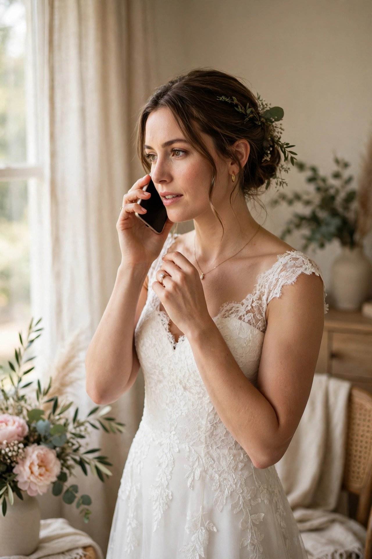 Bride on the phone confirming final shuttle details the week of the wedding