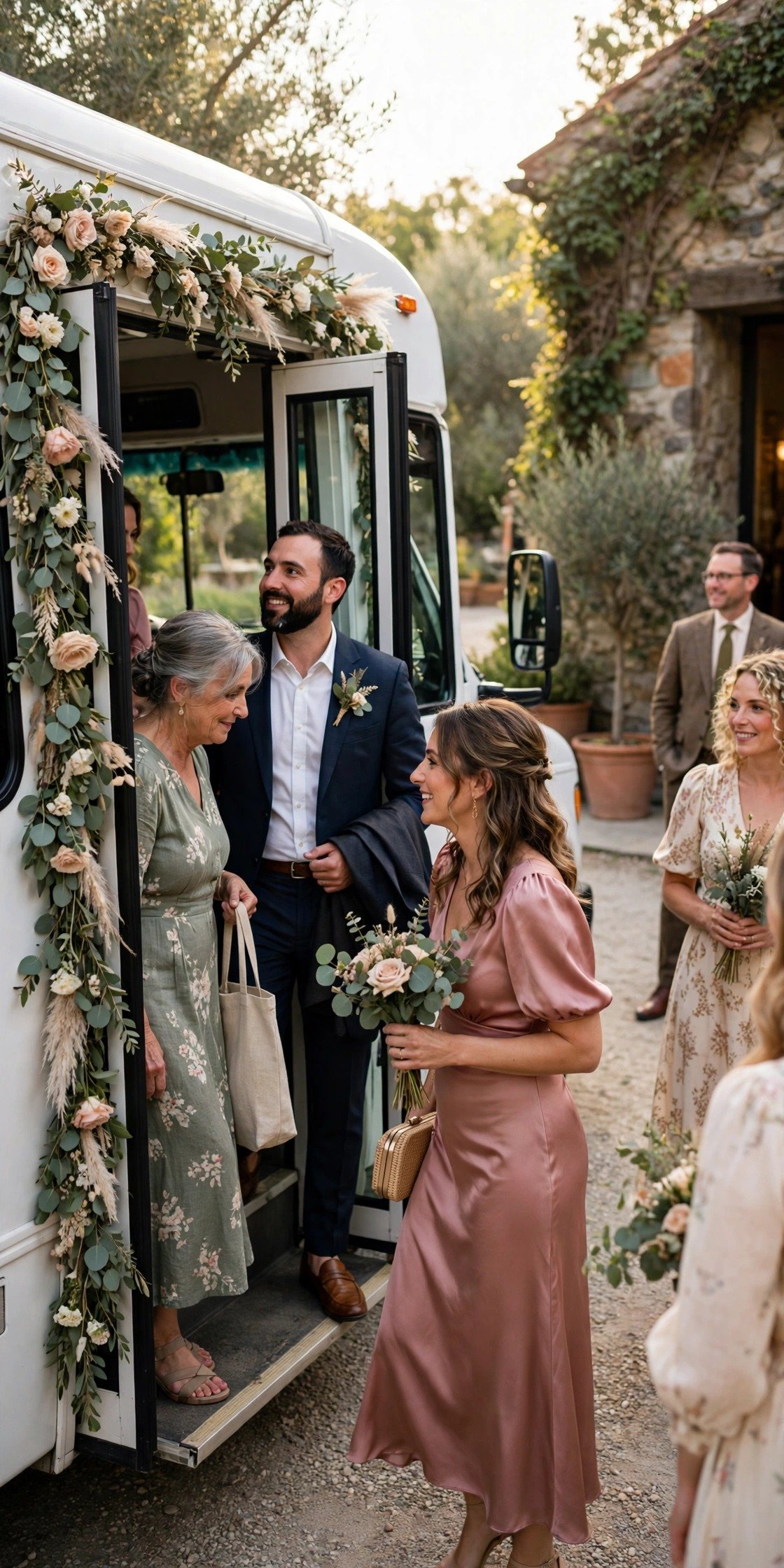 Wedding guests boarding a white shuttle bus decorated with flowers outside a venue