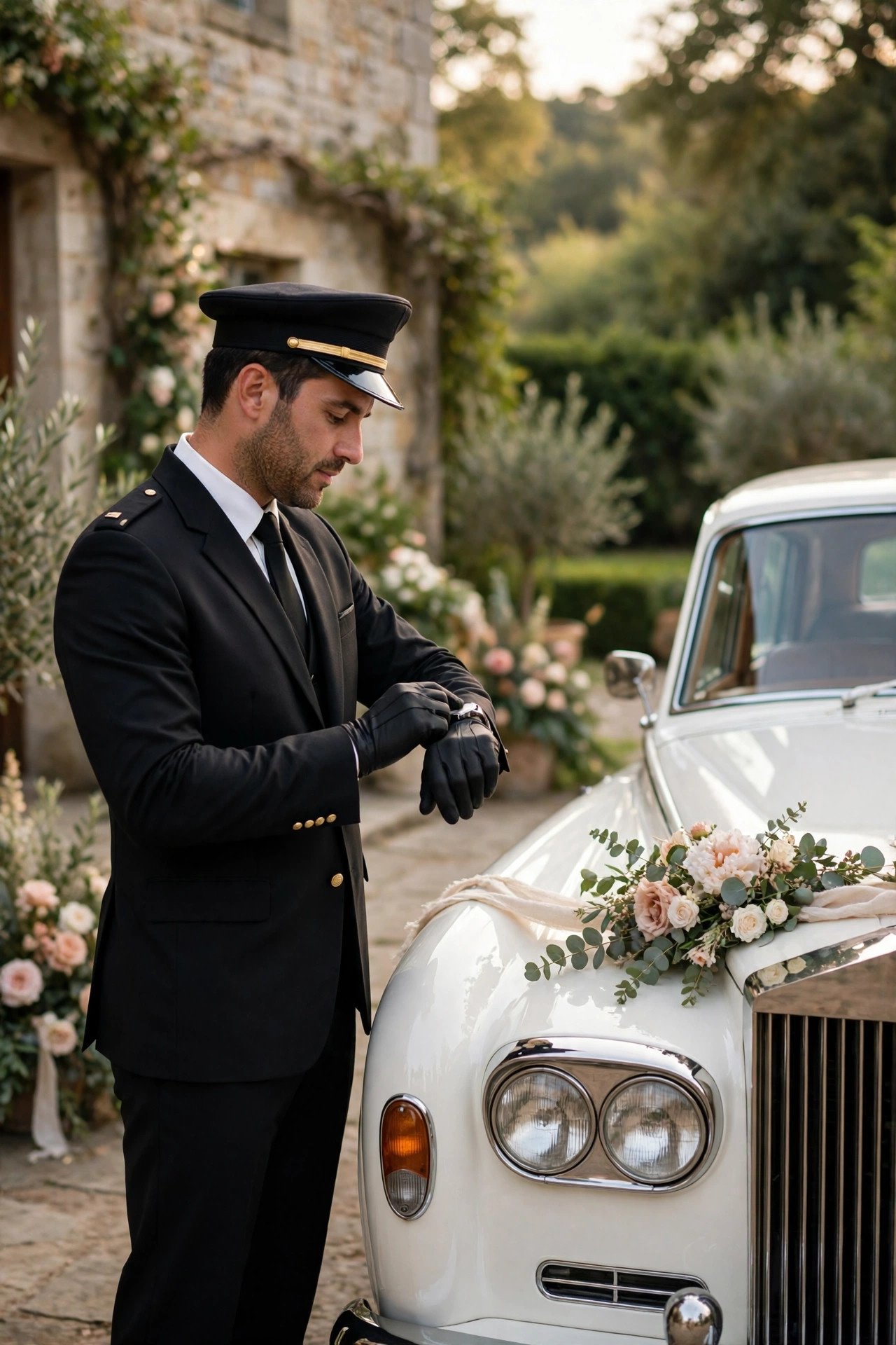 Chauffeur checking the time beside a wedding car at a venue