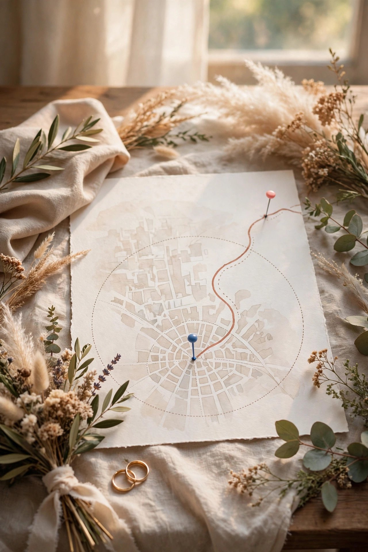 Map showing a wedding venue outside a city radius on a route planner