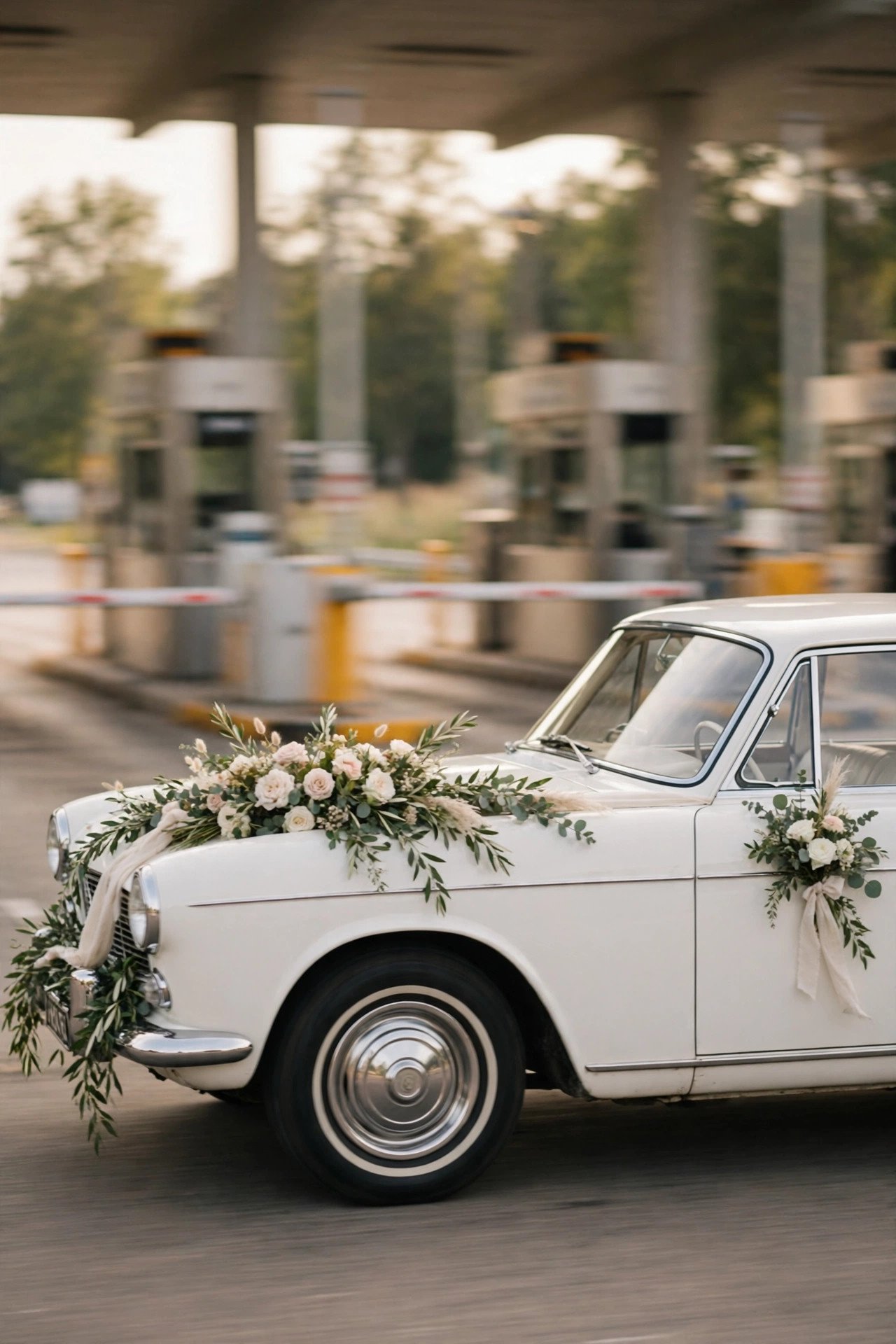 Wedding car passing through a toll plaza on the way to a venue