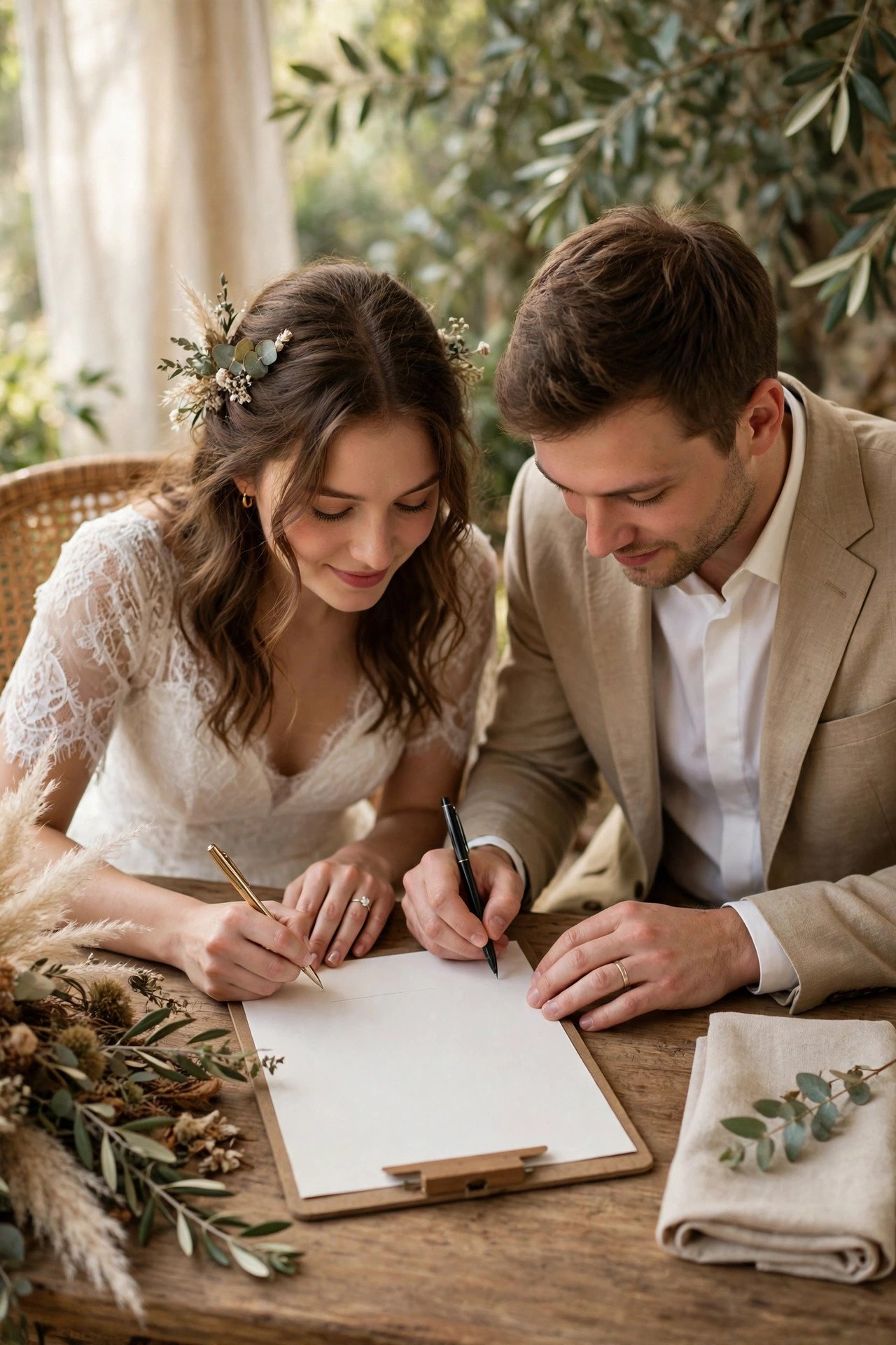 Couple signing a transportation contract and paying a deposit