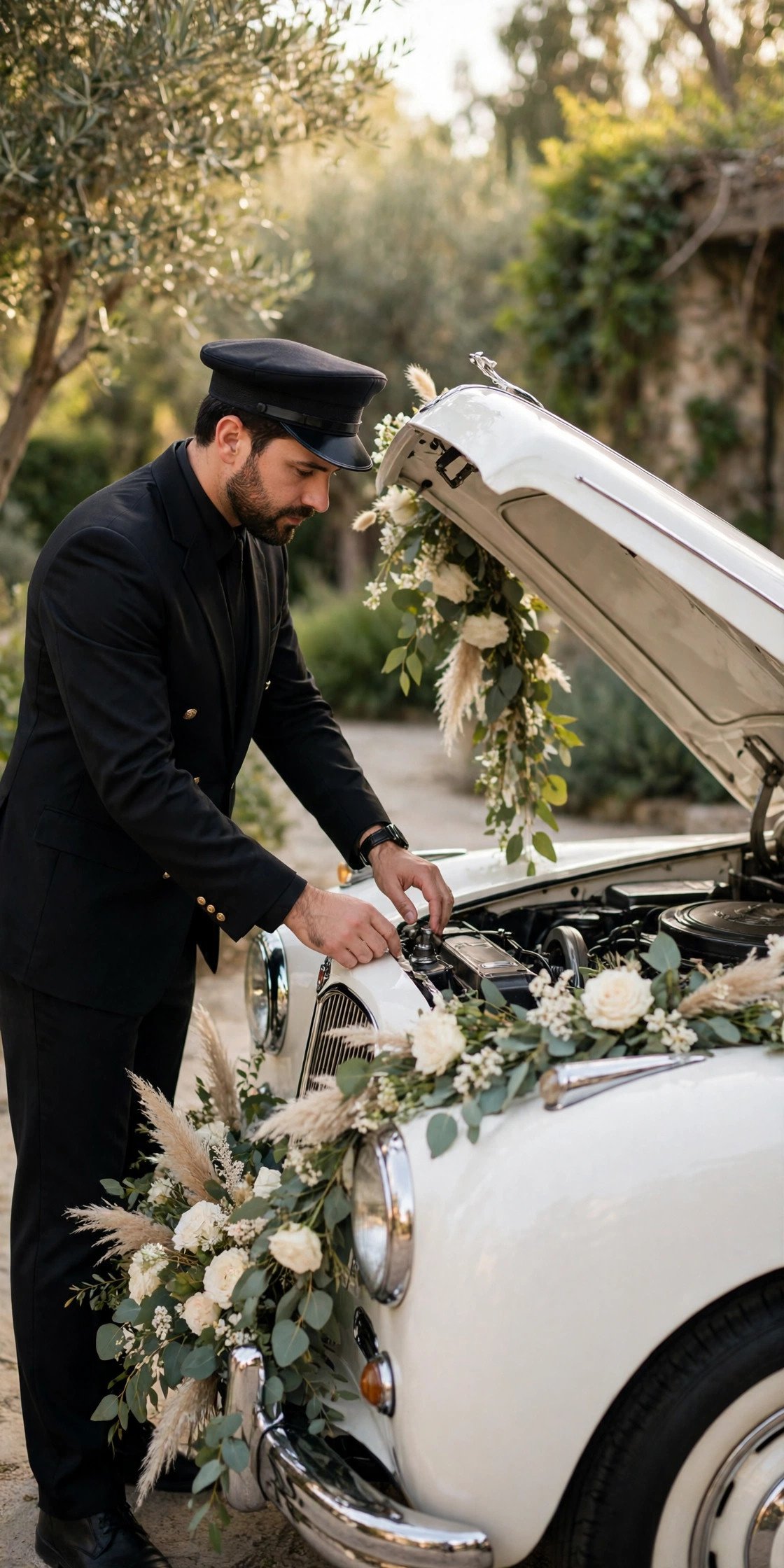Chauffeur inspecting a wedding car before a booking begins