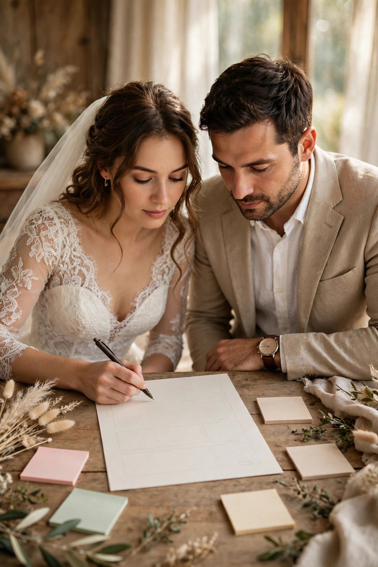 Couple reviewing a detailed quote with questions noted in the margin