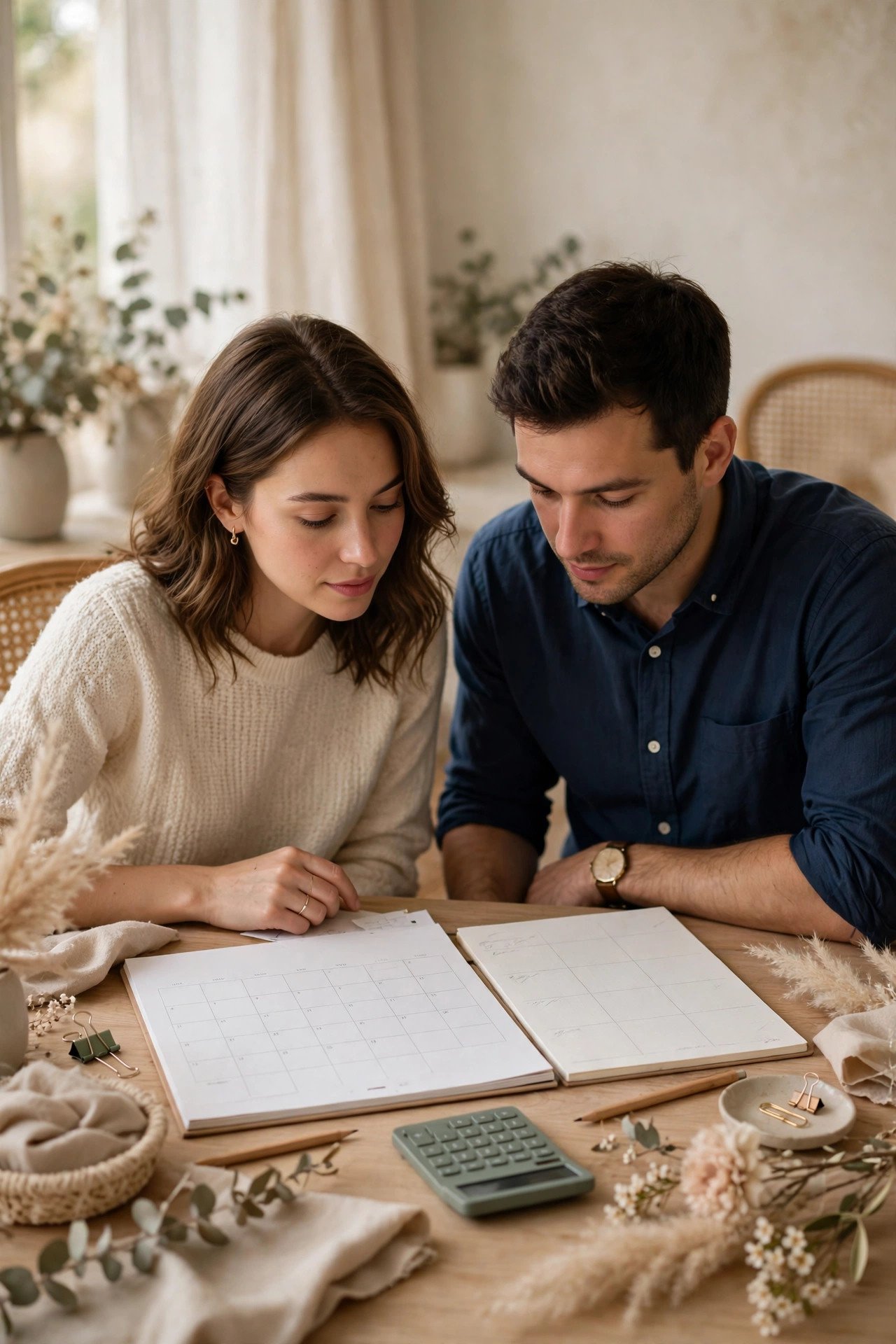 Couple setting a wedding budget at a desk with a calendar open