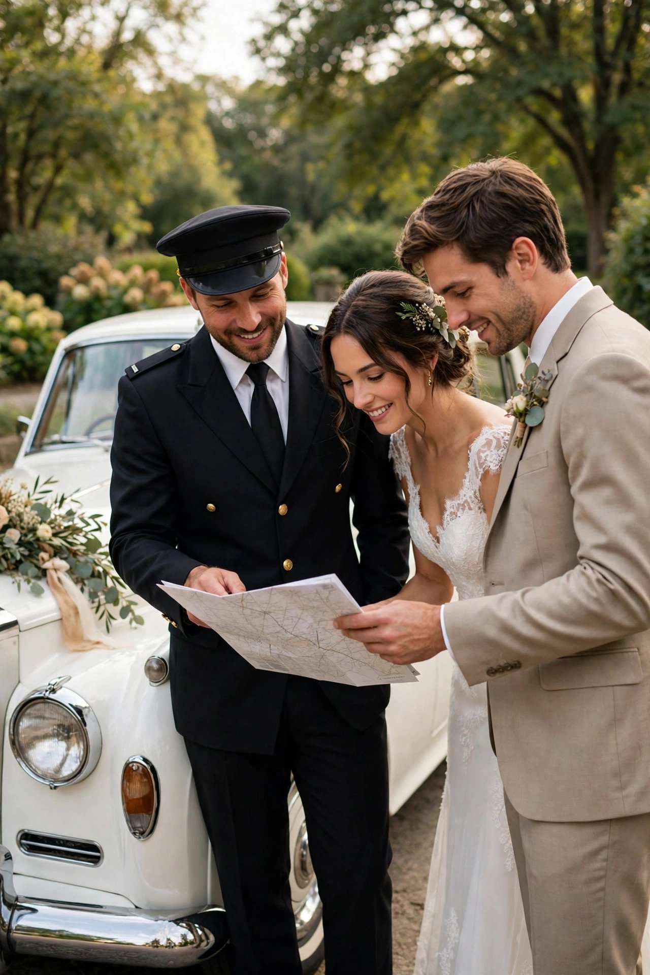 Driver and couple reviewing a route together beside a wedding car