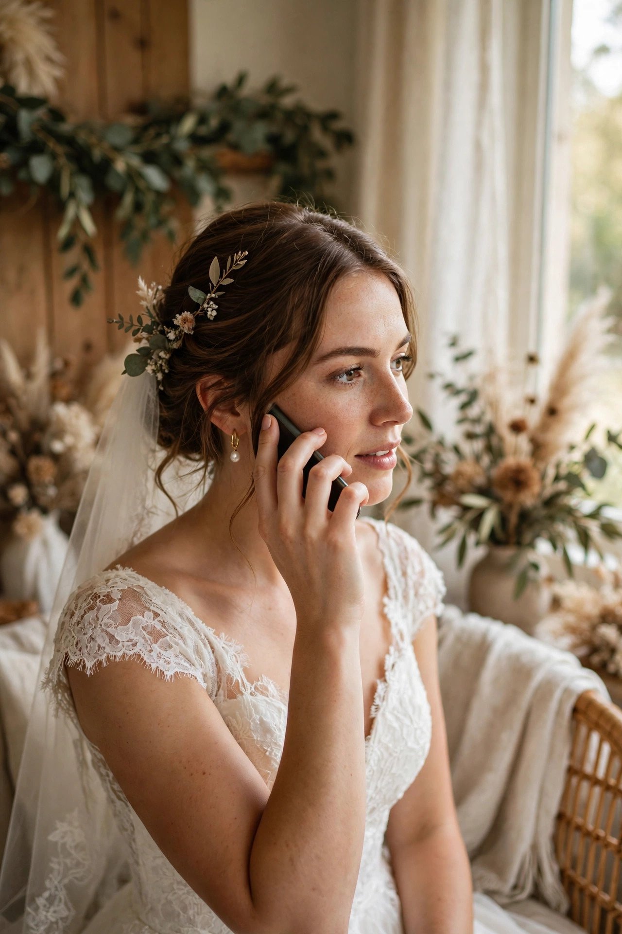 Bride confirming wedding shuttle details by phone during the wedding week