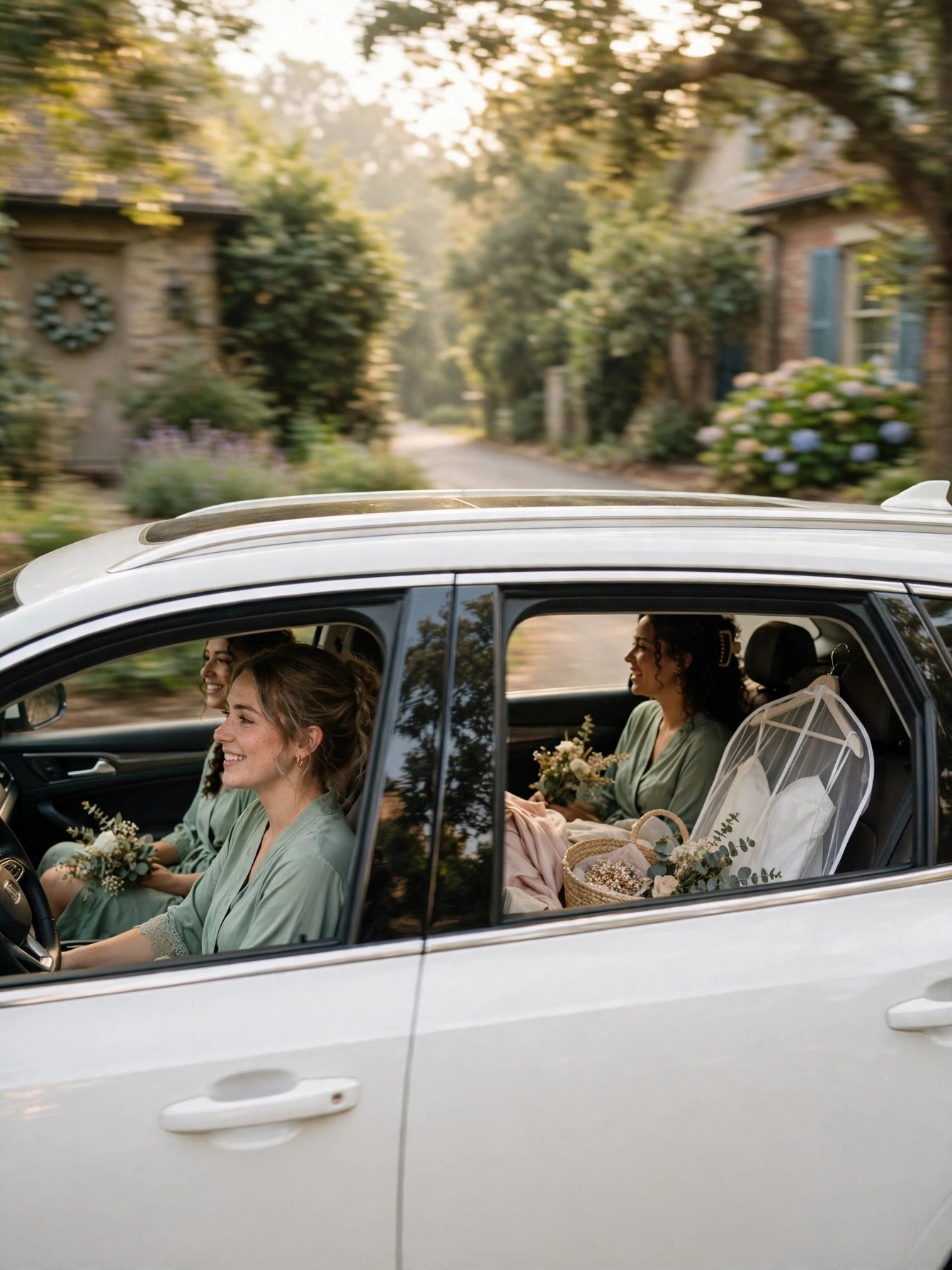 Car shuttling between two getting-ready locations on a wedding morning