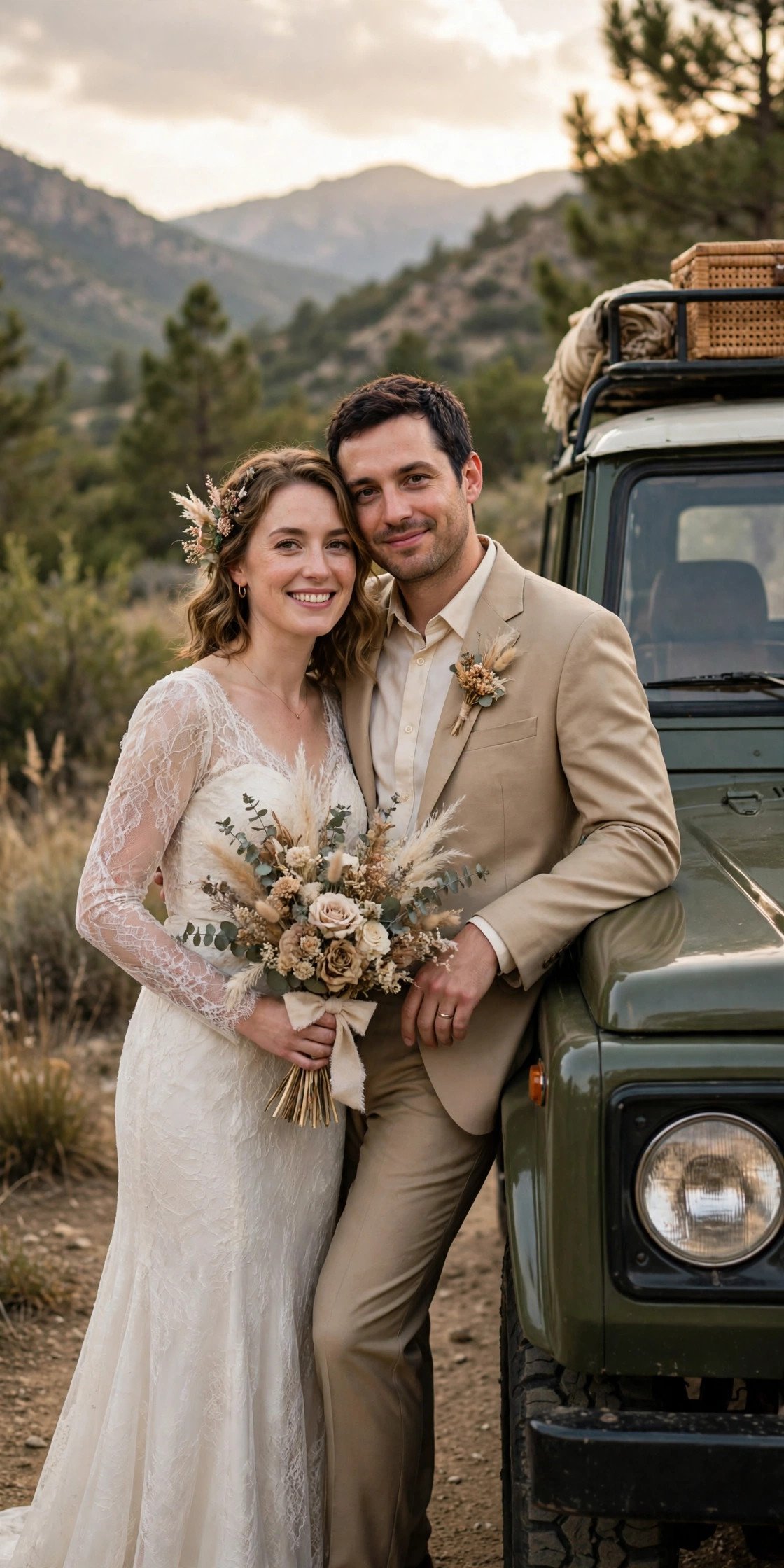 Couple posing for photos beside their car at a scenic spot after the ceremony
