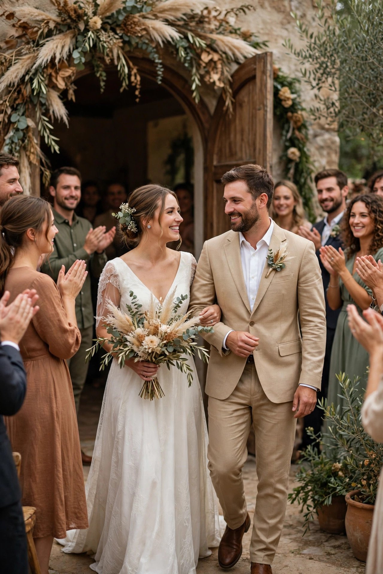 Couple arriving at their reception entrance as guests applaud