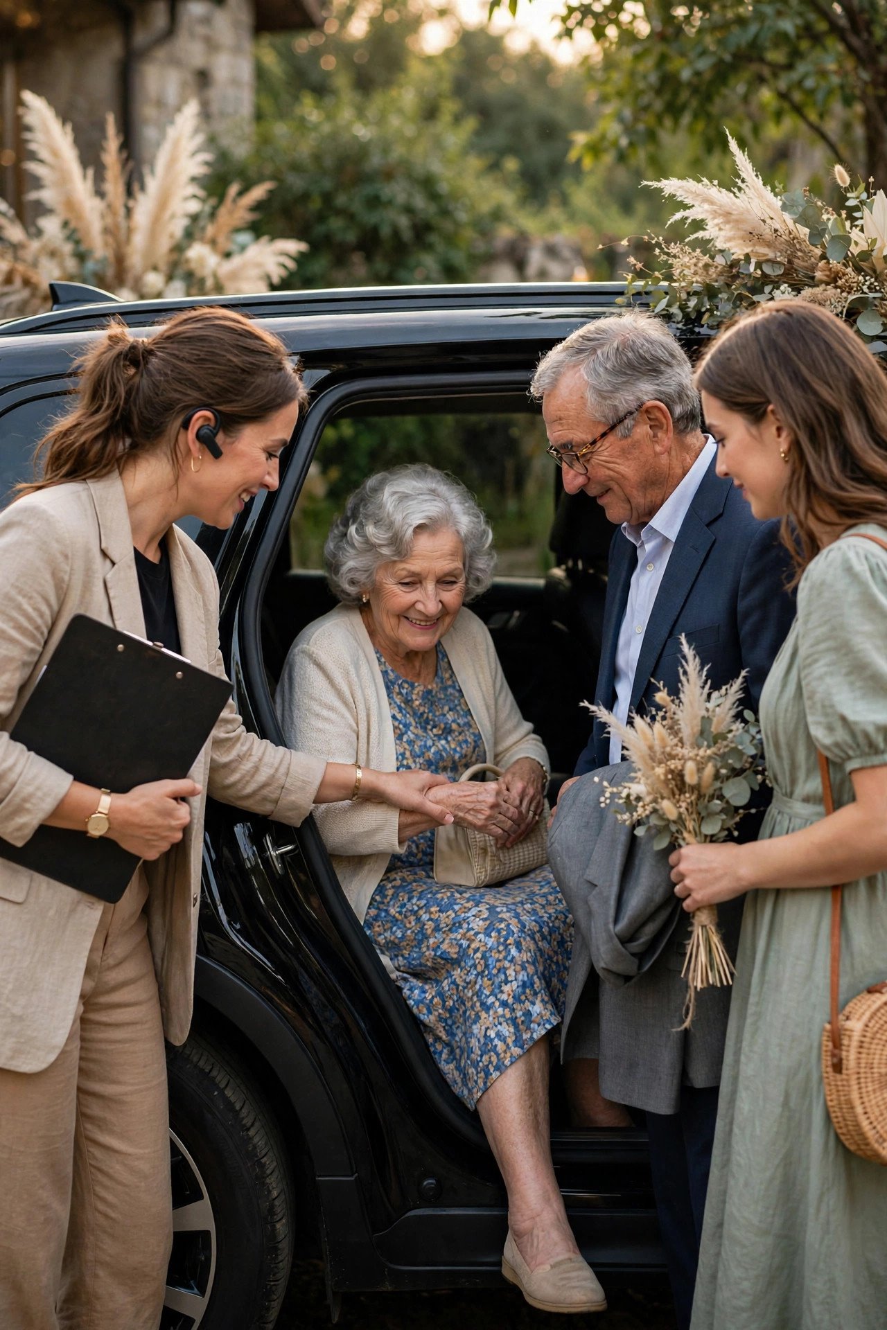 Coordinator helping family members into a final car after a wedding
