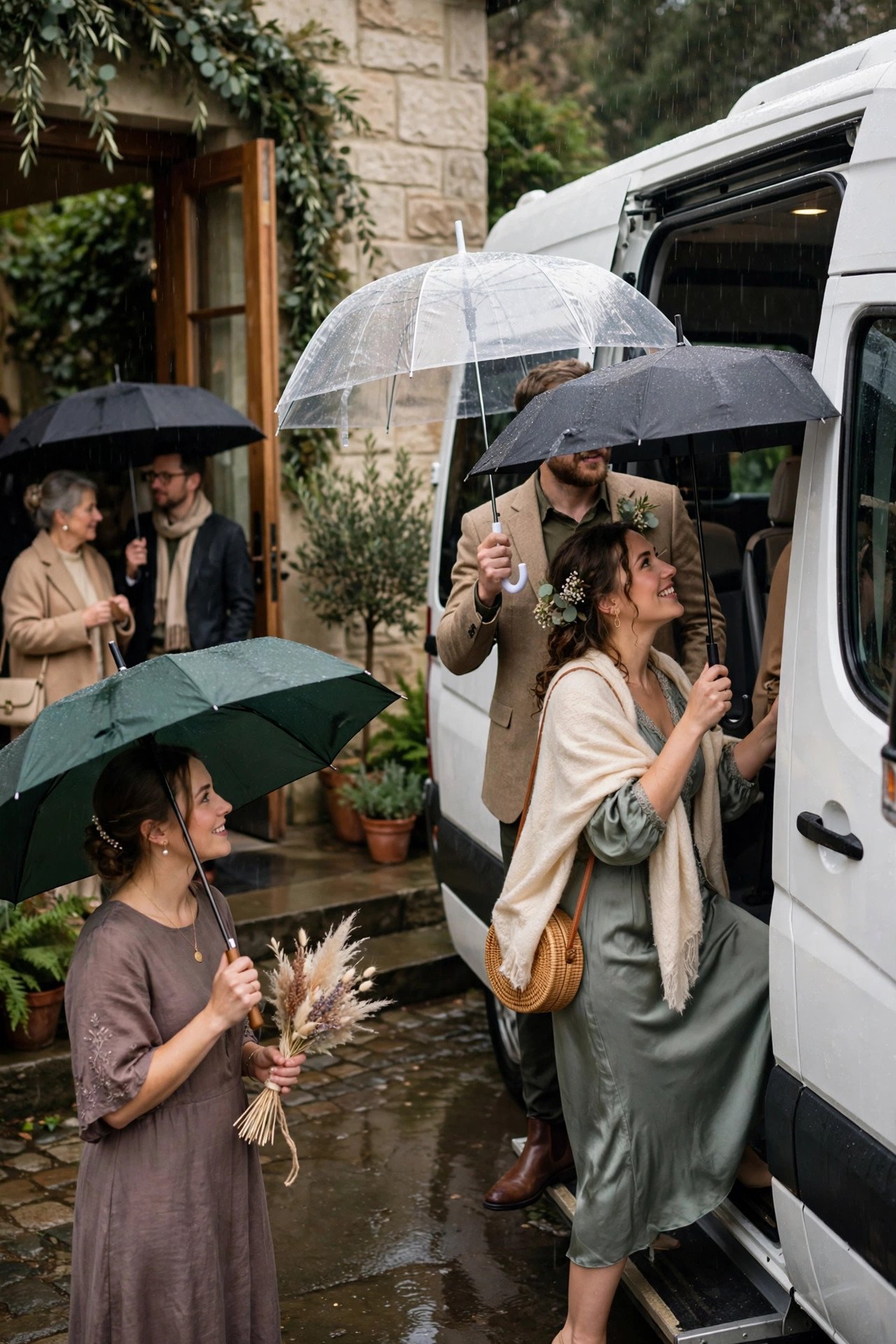 Guests boarding a shuttle close to a venue door during rain