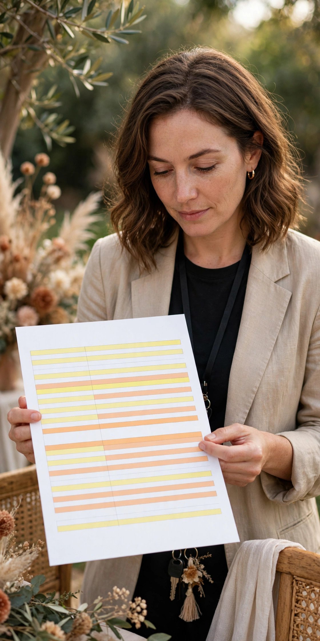 Coordinator holding a printed one-page transportation timeline