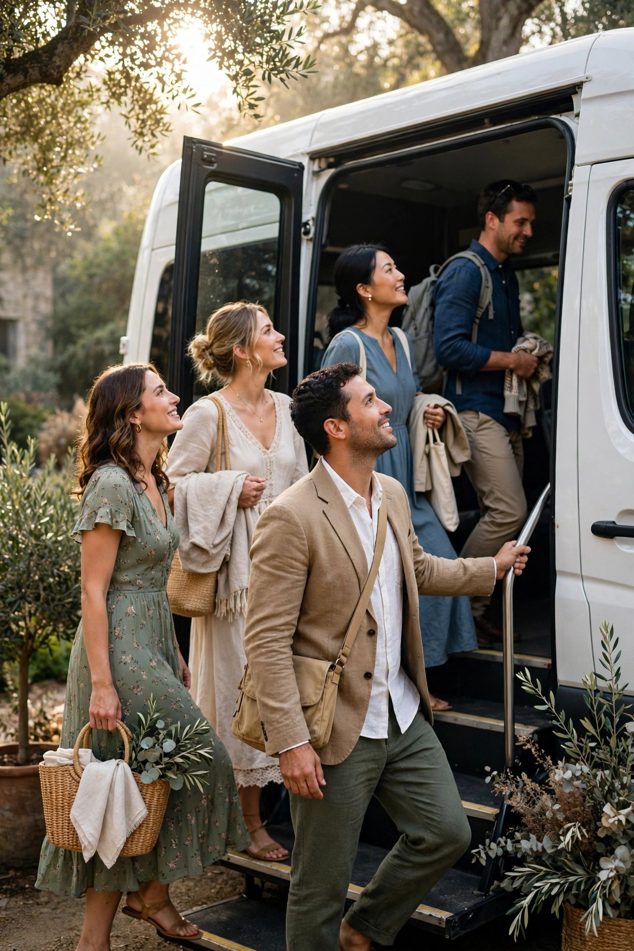 Guests boarding a shuttle to a day-after wedding brunch in morning light