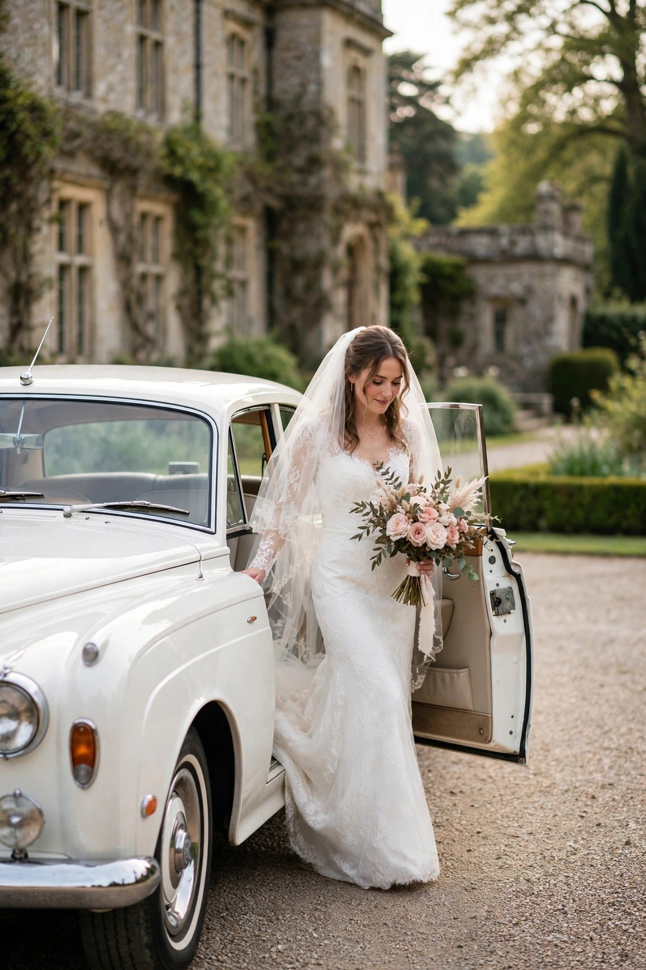 Bride arriving in a white vintage Rolls-style sedan at a manor venue
