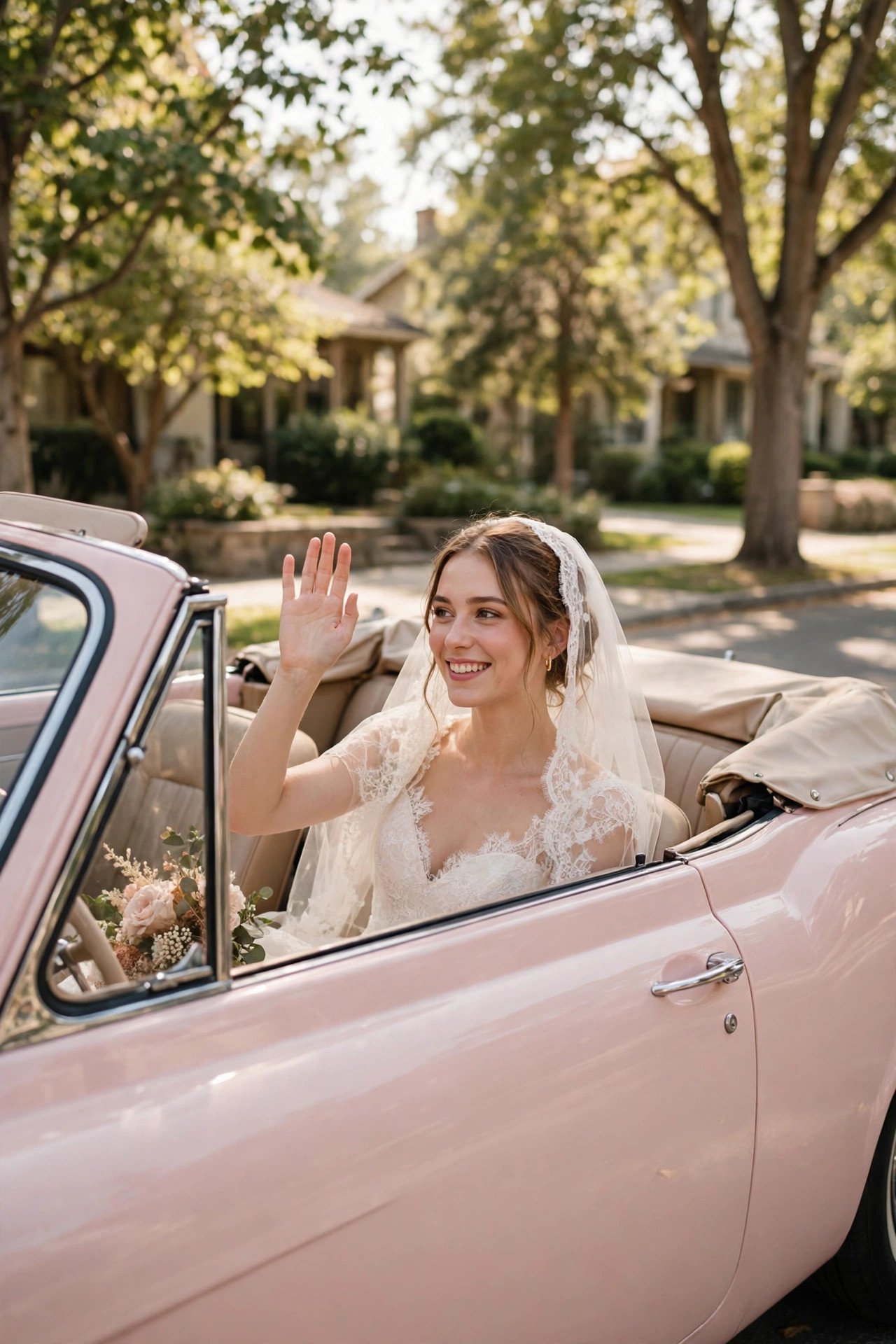 Blush convertible wedding car with the bride waving on a sunny street