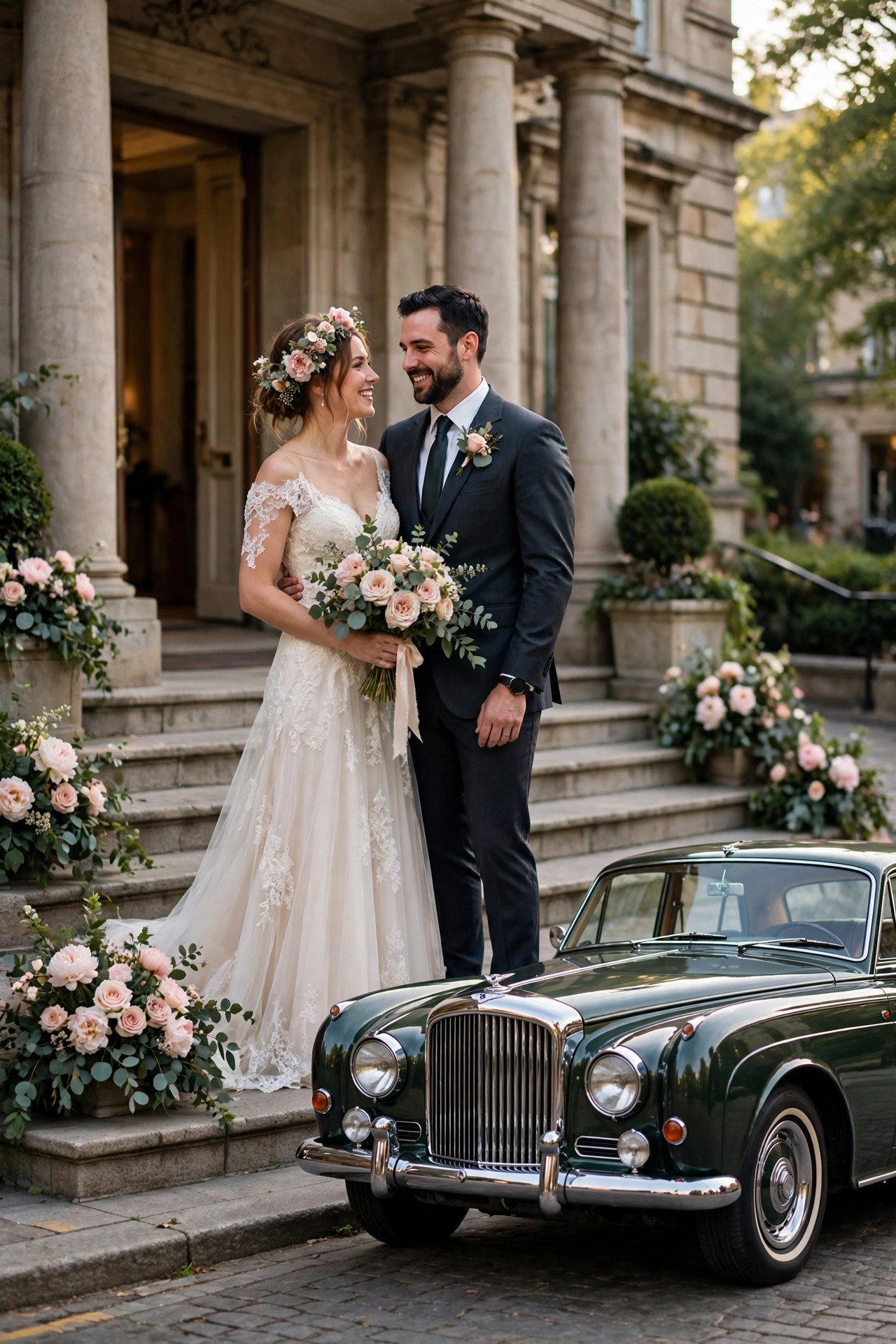 Classic luxury sedan waiting at the steps of a grand hotel entrance