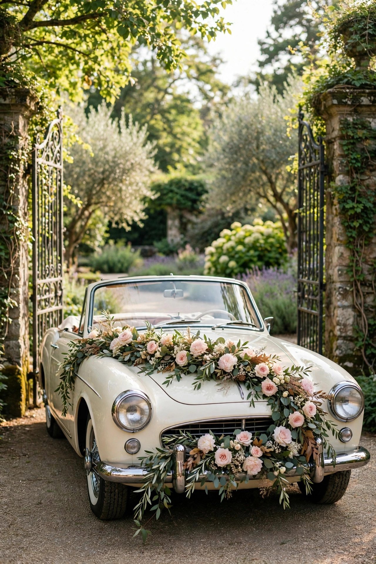 Wedding car draped with a floral garland at a garden venue gate