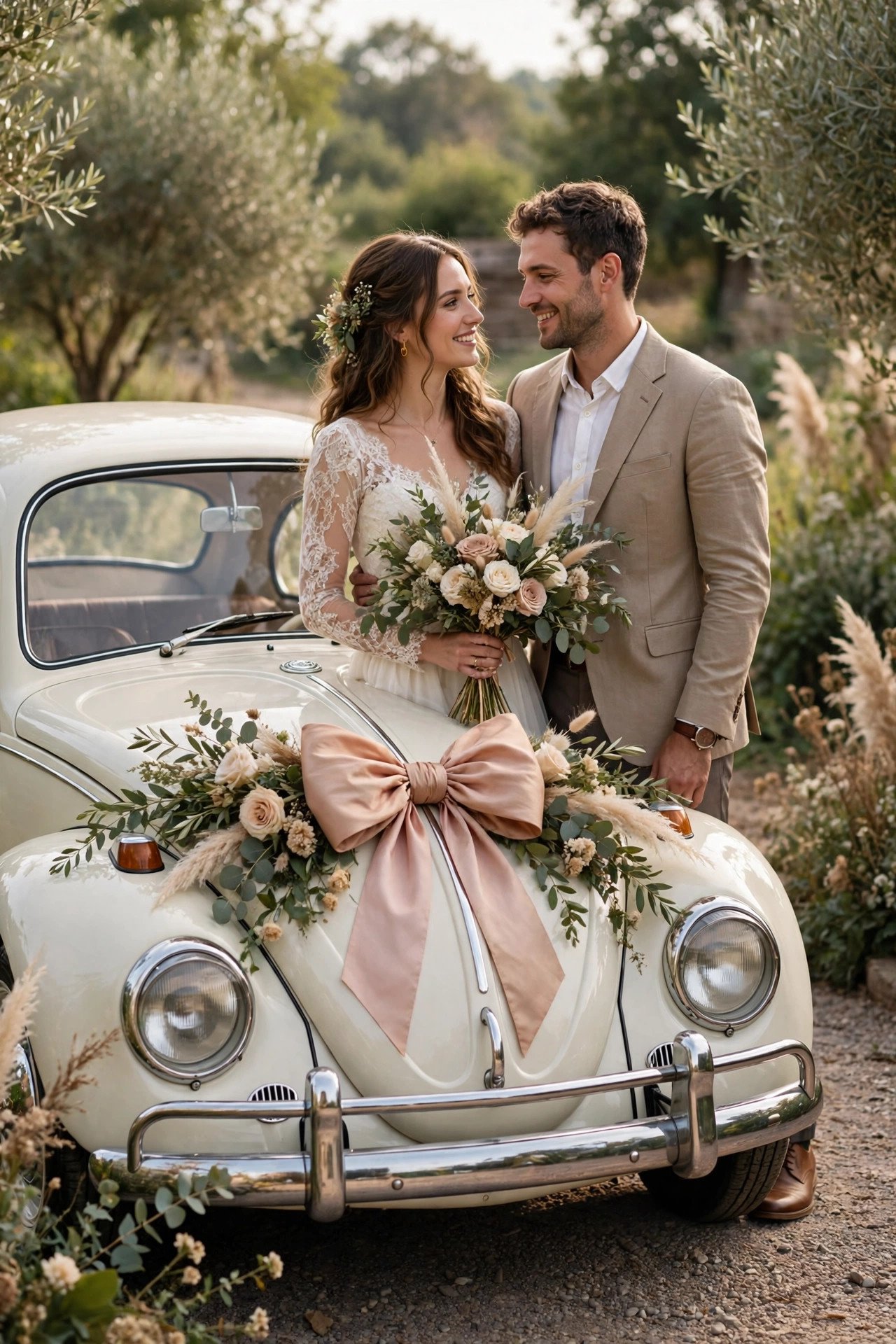 Retro Beetle wedding car with a big bow on the front and flowers