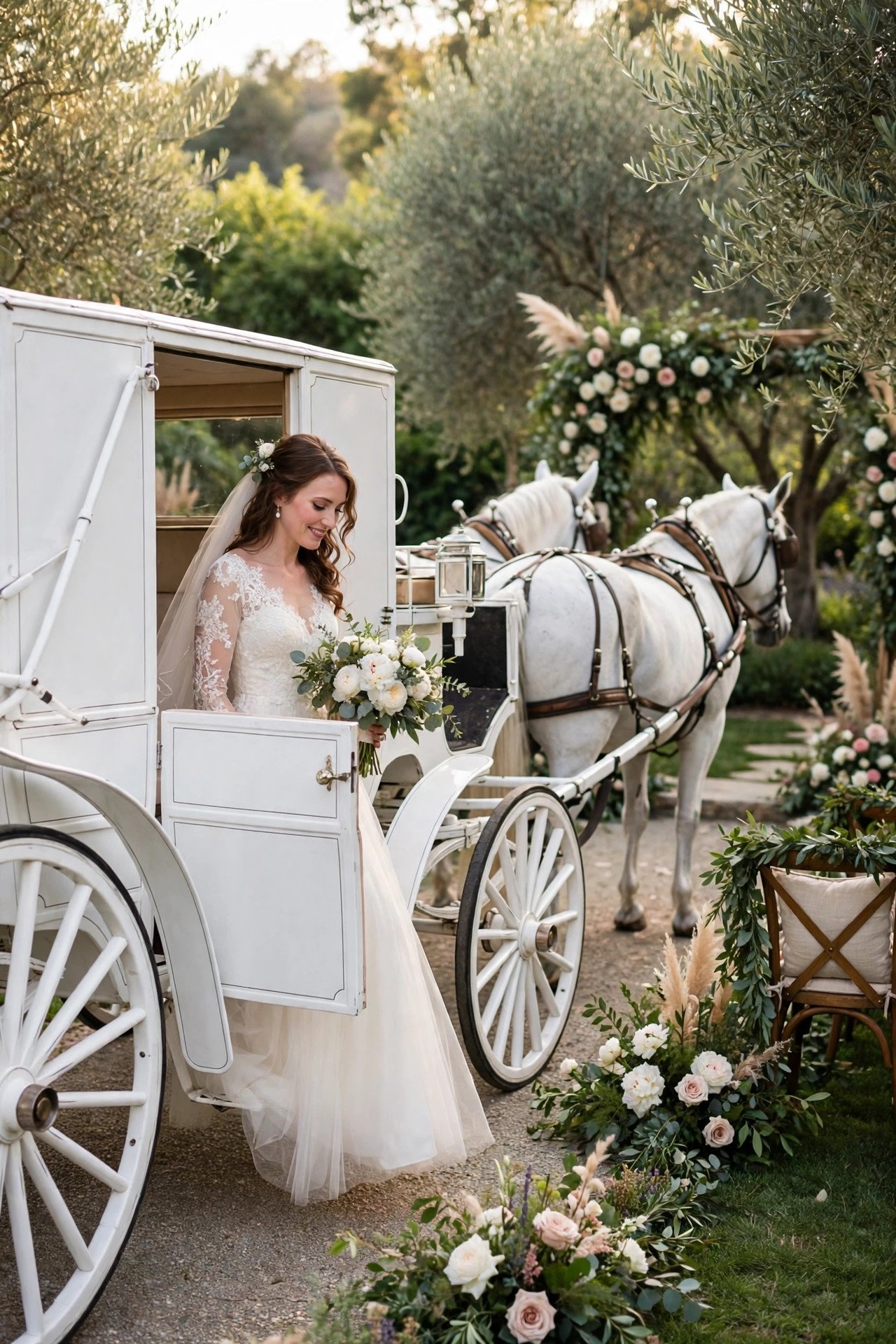 Bride arriving by white horse-drawn carriage at a garden ceremony