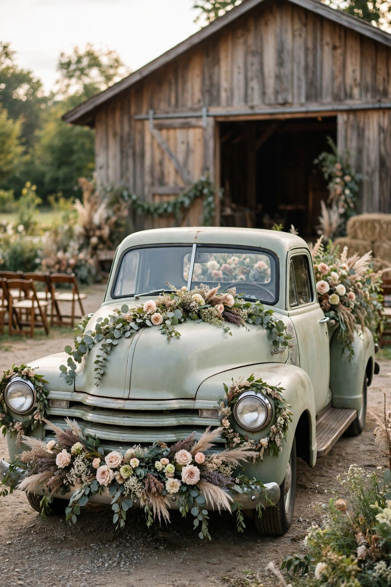 Vintage pickup truck decorated with flowers at a barn wedding