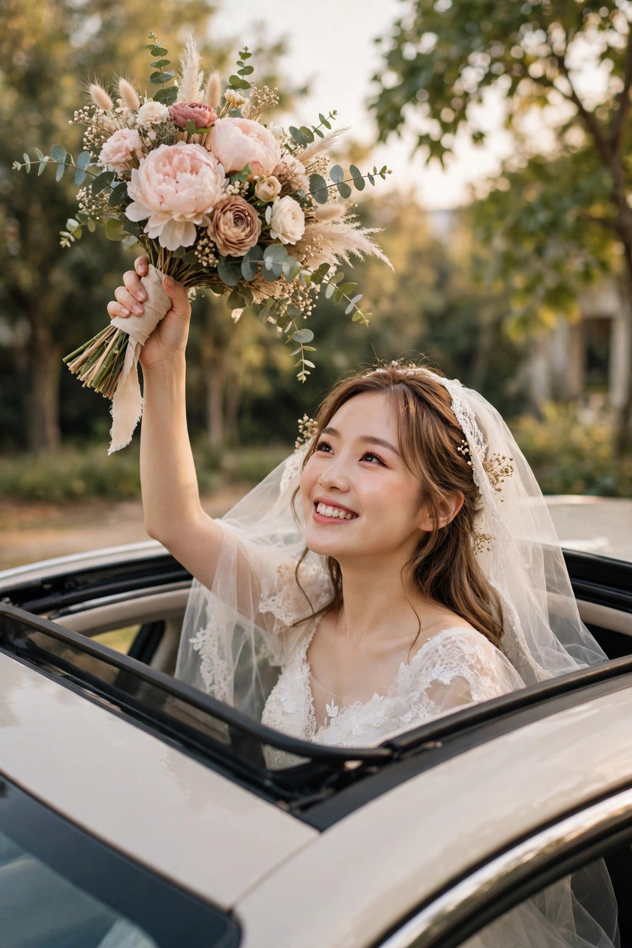 Bride smiling through a car sunroof holding her bouquet high
