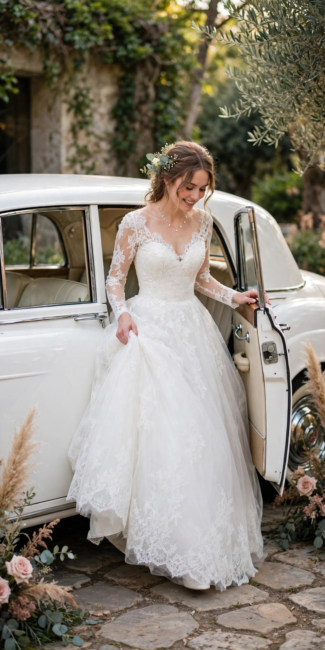 Bride in a full gown stepping out of an elegant white vintage wedding car