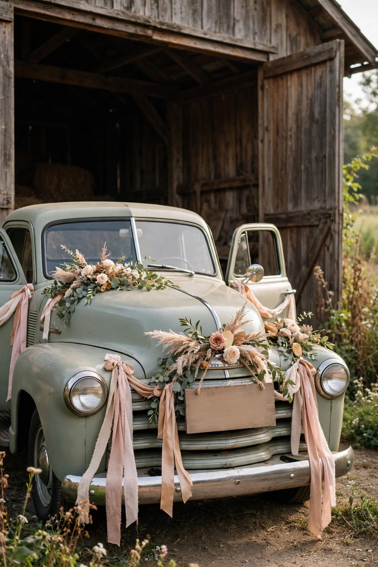Restored vintage truck decorated with a just married sign at a barn exit