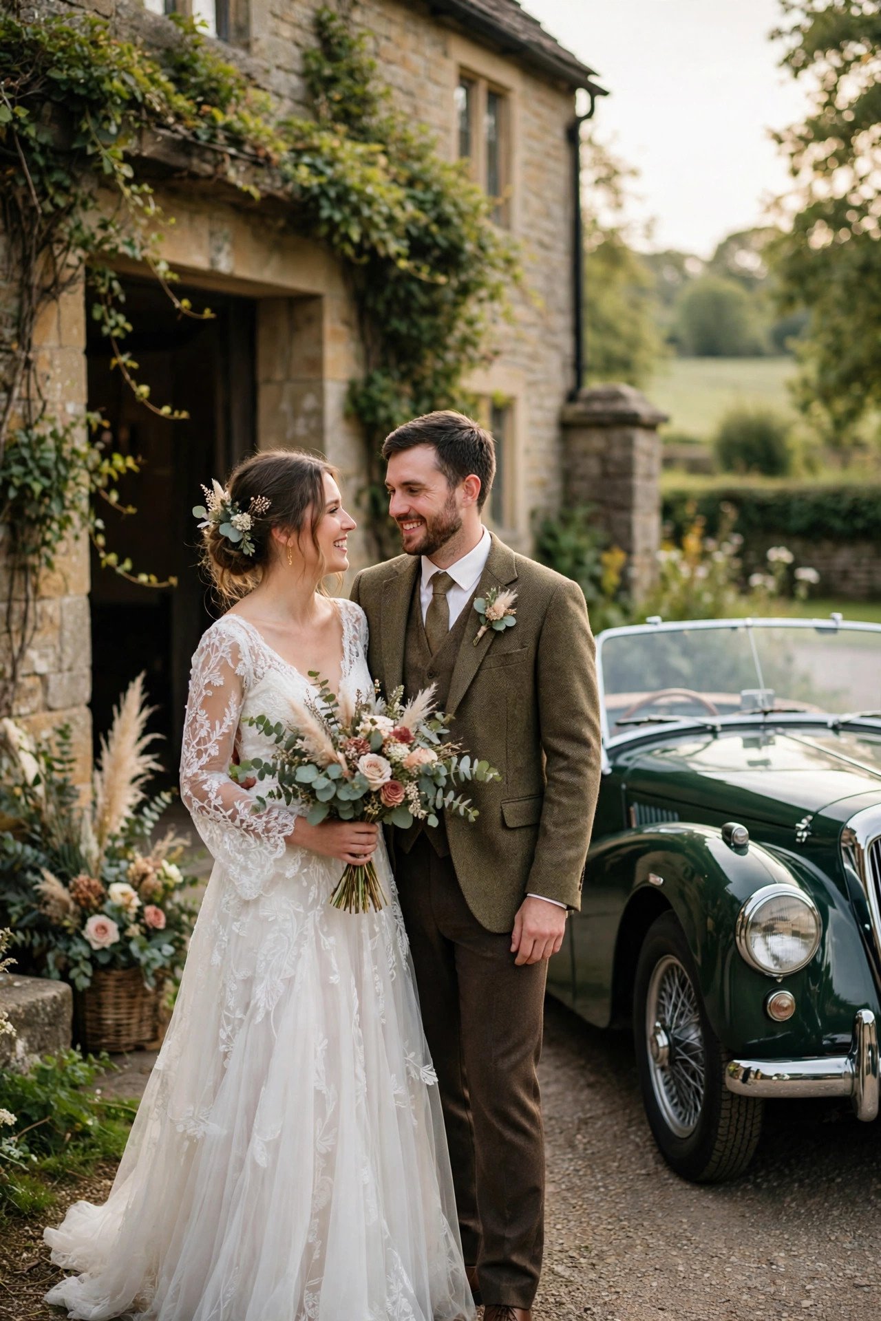 British-style classic roadster in racing green at a country venue exit