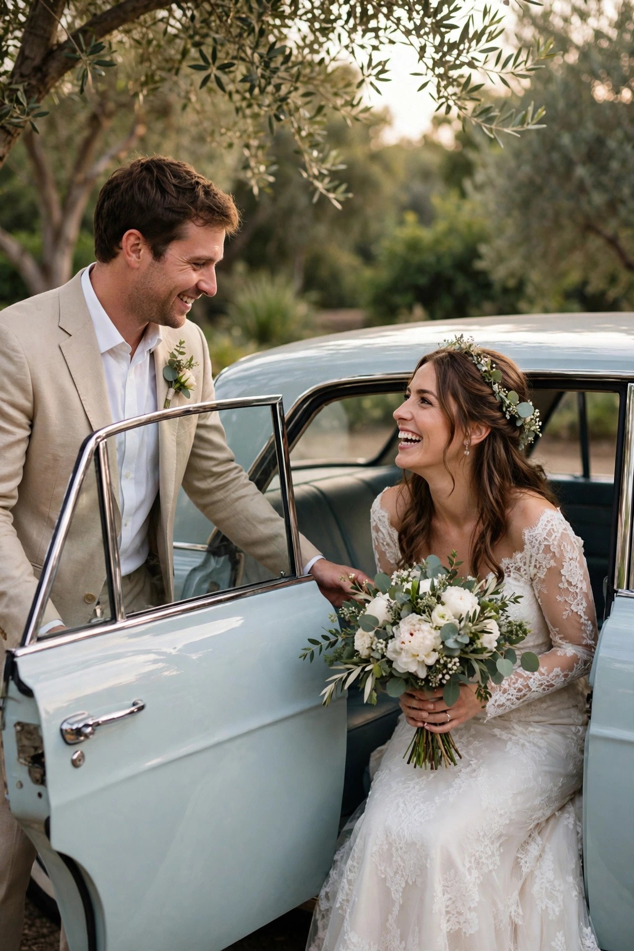 Groom opening the door of a classic getaway car for his bride during a joyful send-off